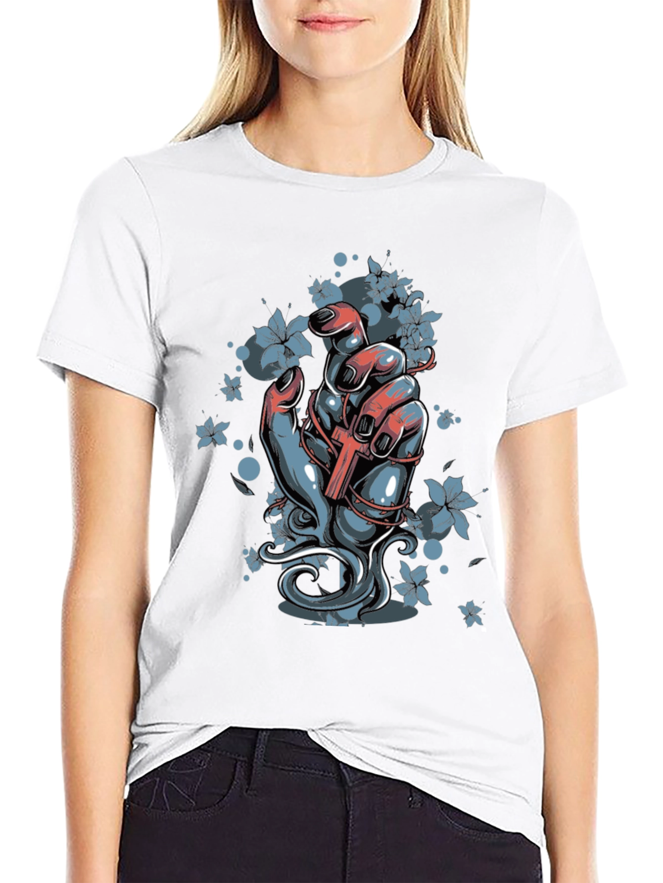 Floral Cross Graphic Black T-Shirt - 9