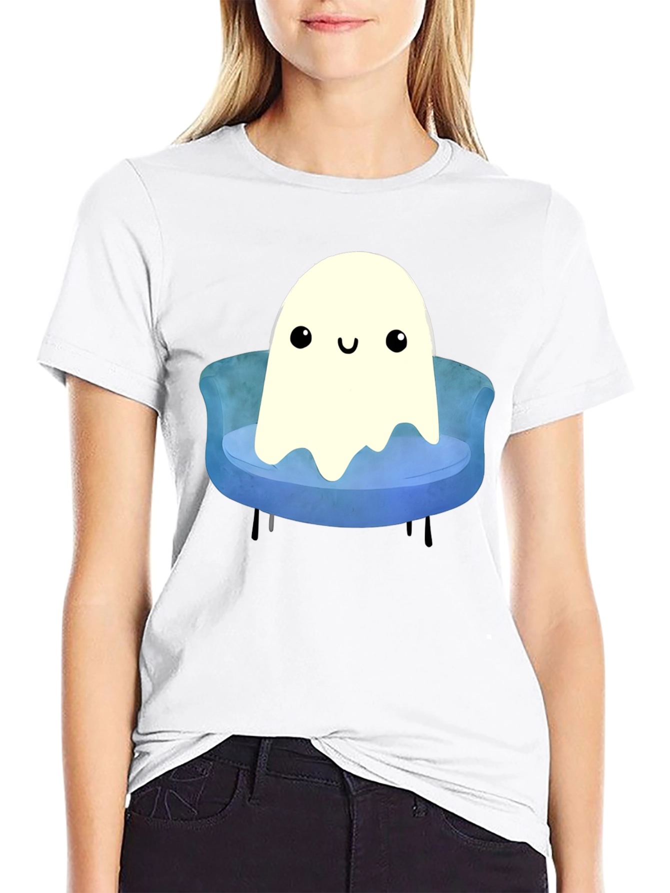 Black Cute Ghost on Couch T-Shirt - Spooky Season Apparel view 9
