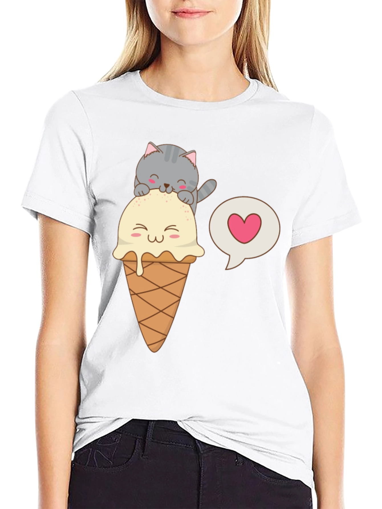 Black Cute Cat & Ice Cream Graphic Tee view 9