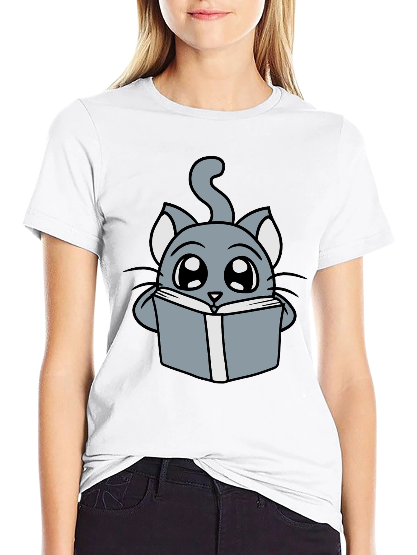 Black Cute Cartoon Cat Reading T-Shirt view 9