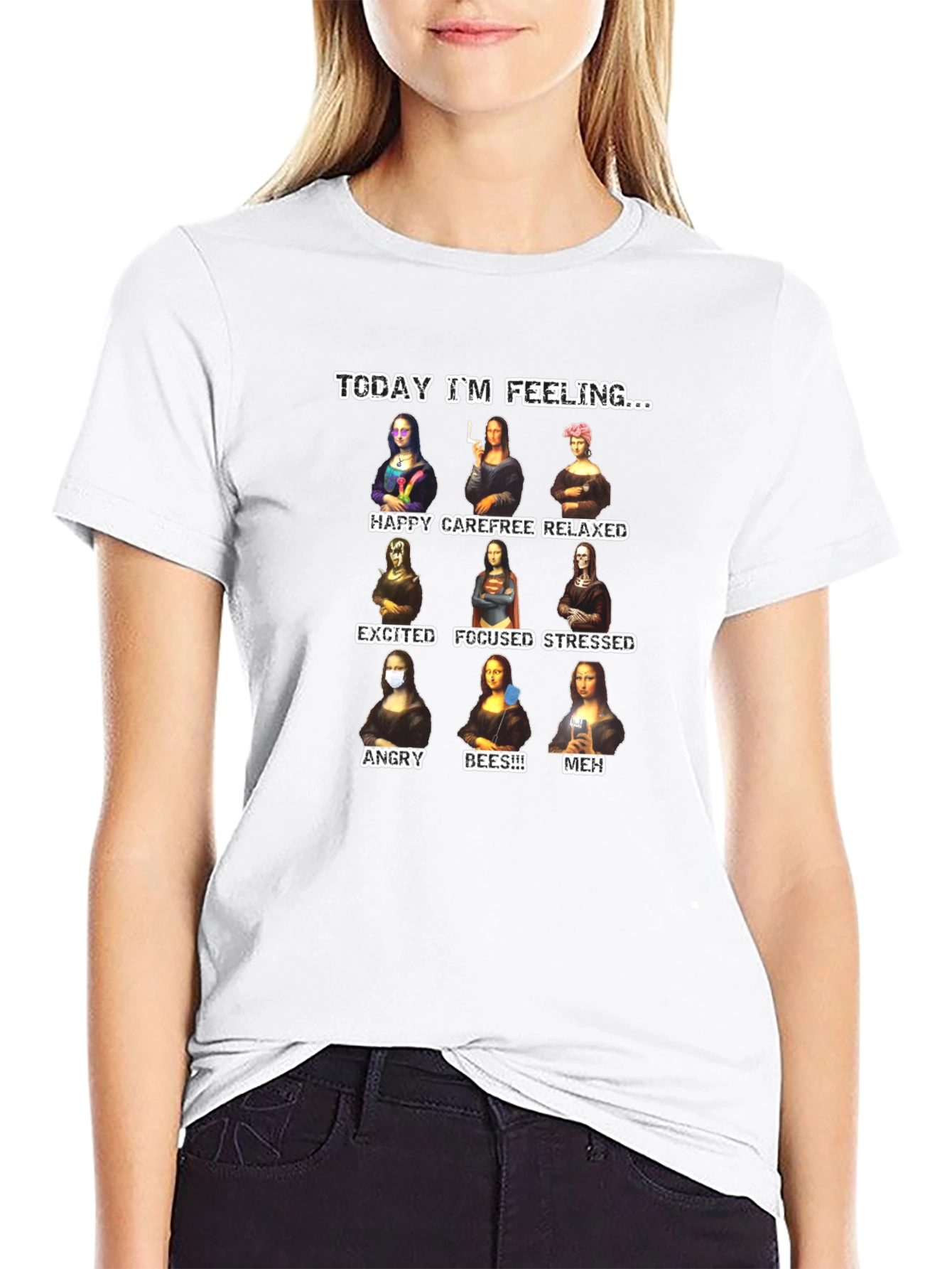 Black Funny Mona Lisa Moods Graphic T-Shirt view 9