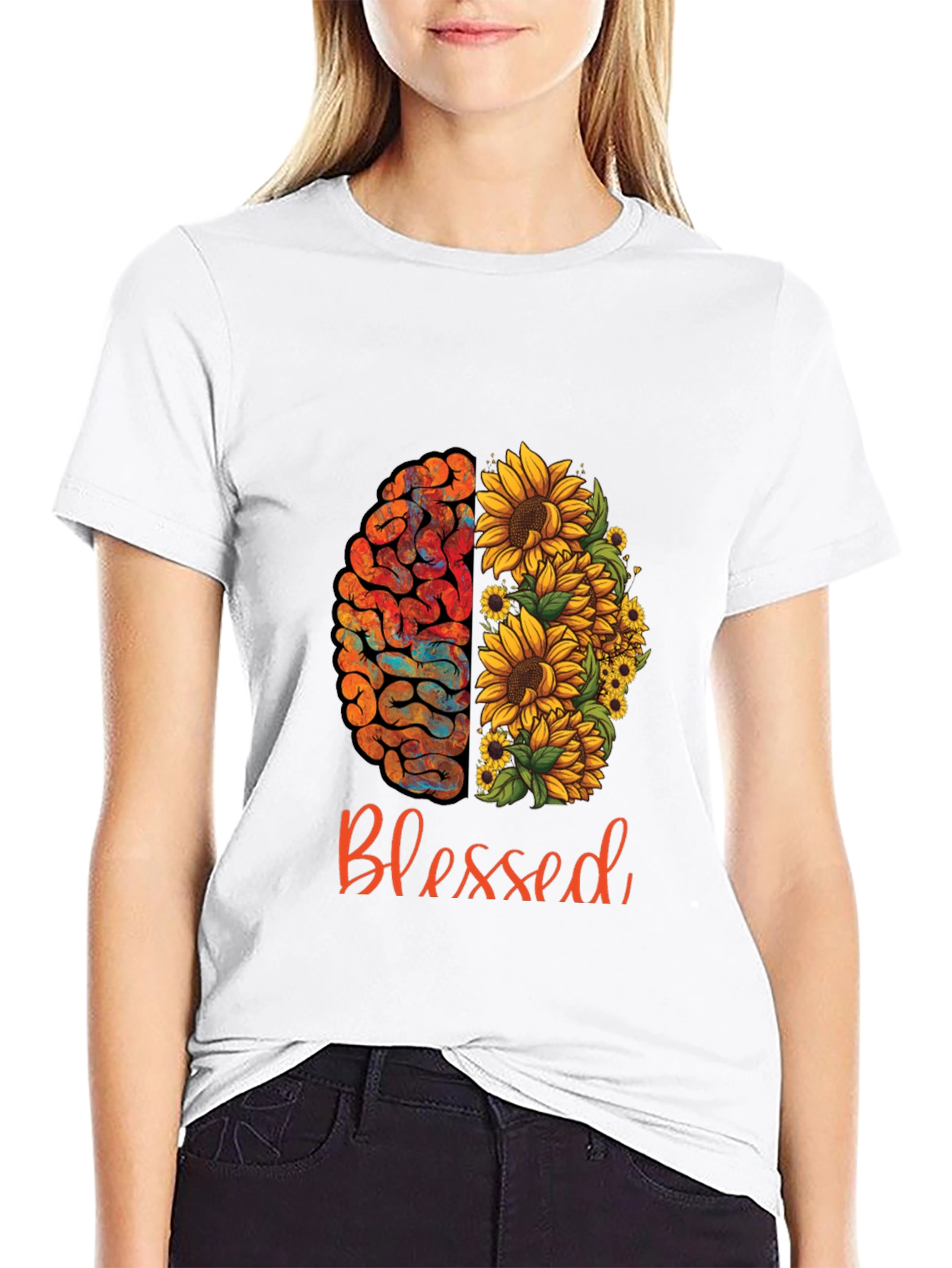 Black Blessed Brain & Sunflower Graphic Tee - Unisex Cotton T-Shirt view 9