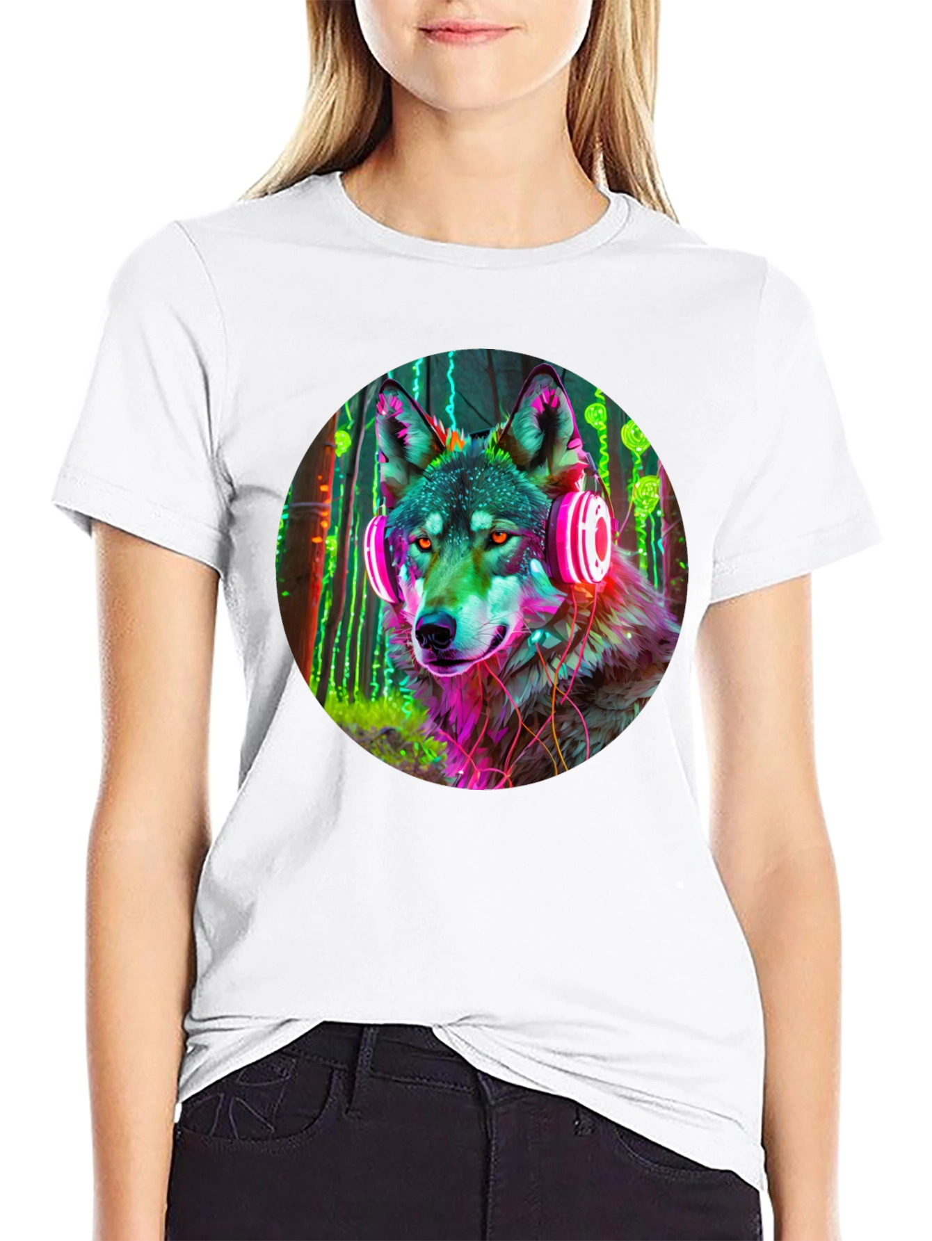 Black Neon Wolf Headphones Graphic Tee view 9