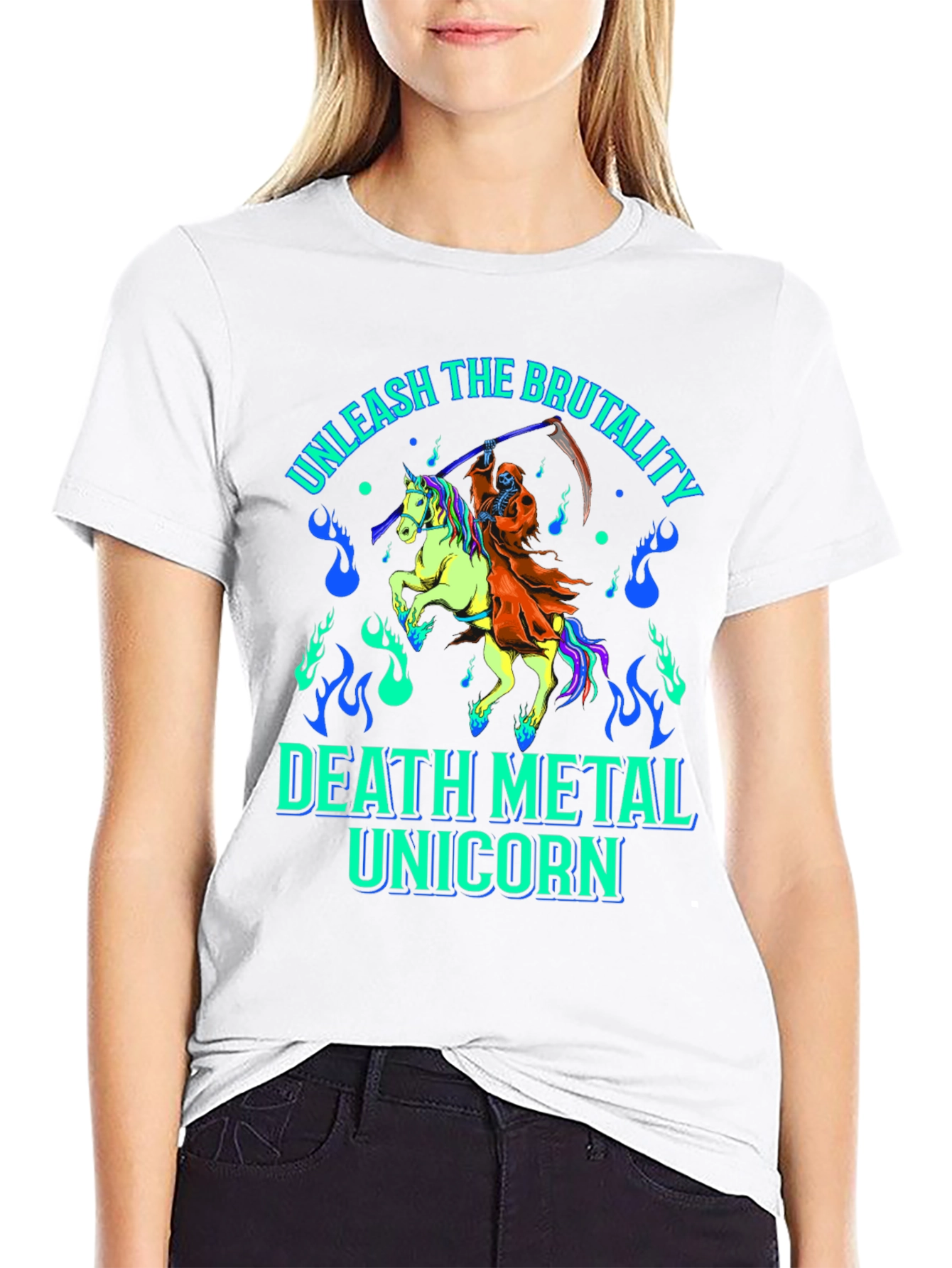 Black Unleash The Brutality Death Metal Unicorn Graphic Tee view 9