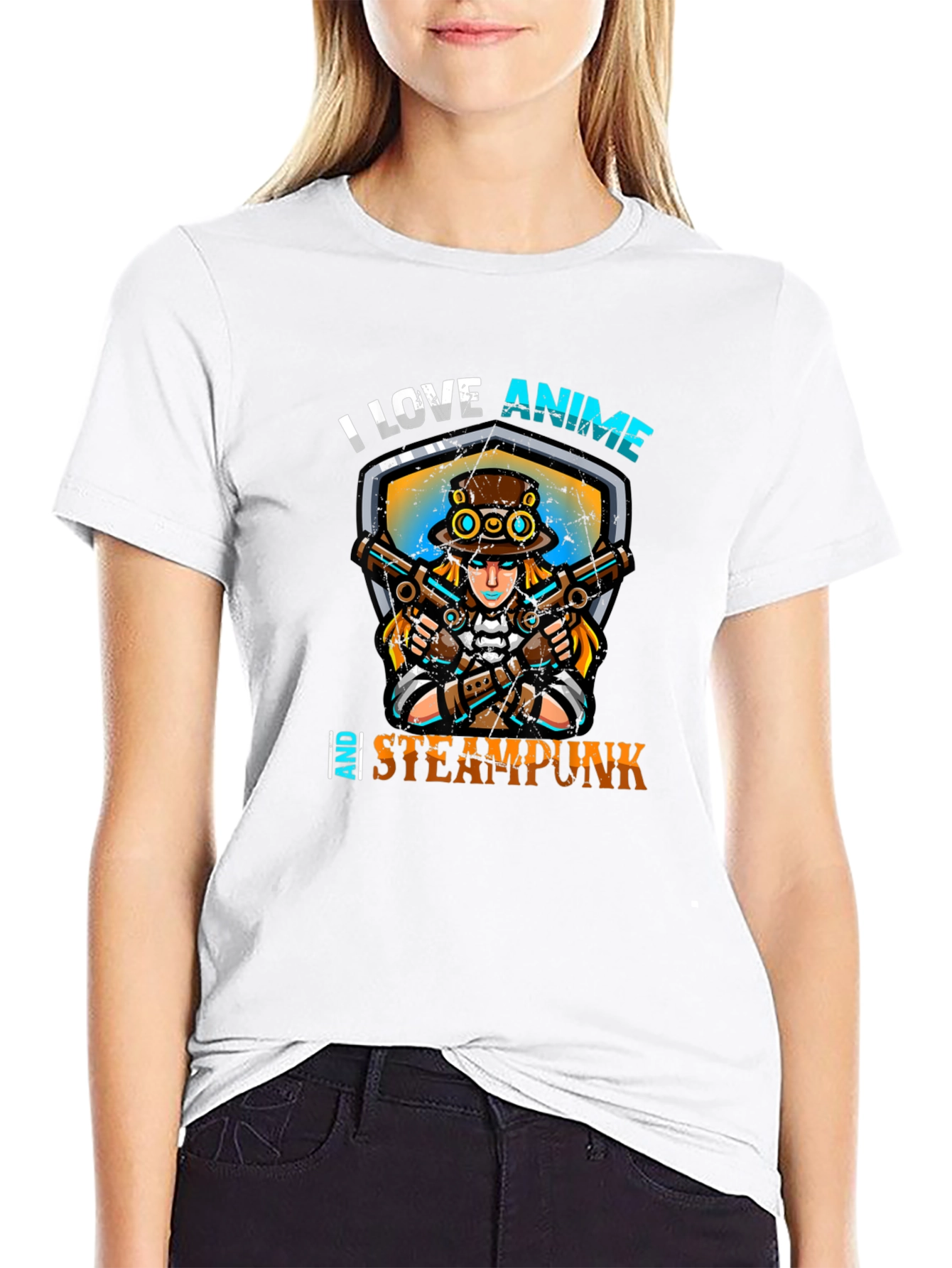 Black I Love Anime and Steampunk Graphic Tee view 9
