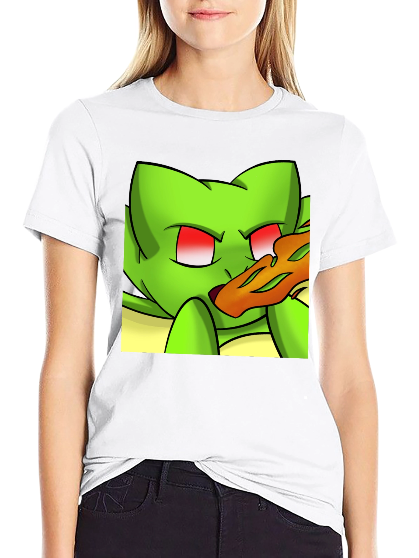 Black Cartoon Green Cat Pizza Graphic Black Tee view 9