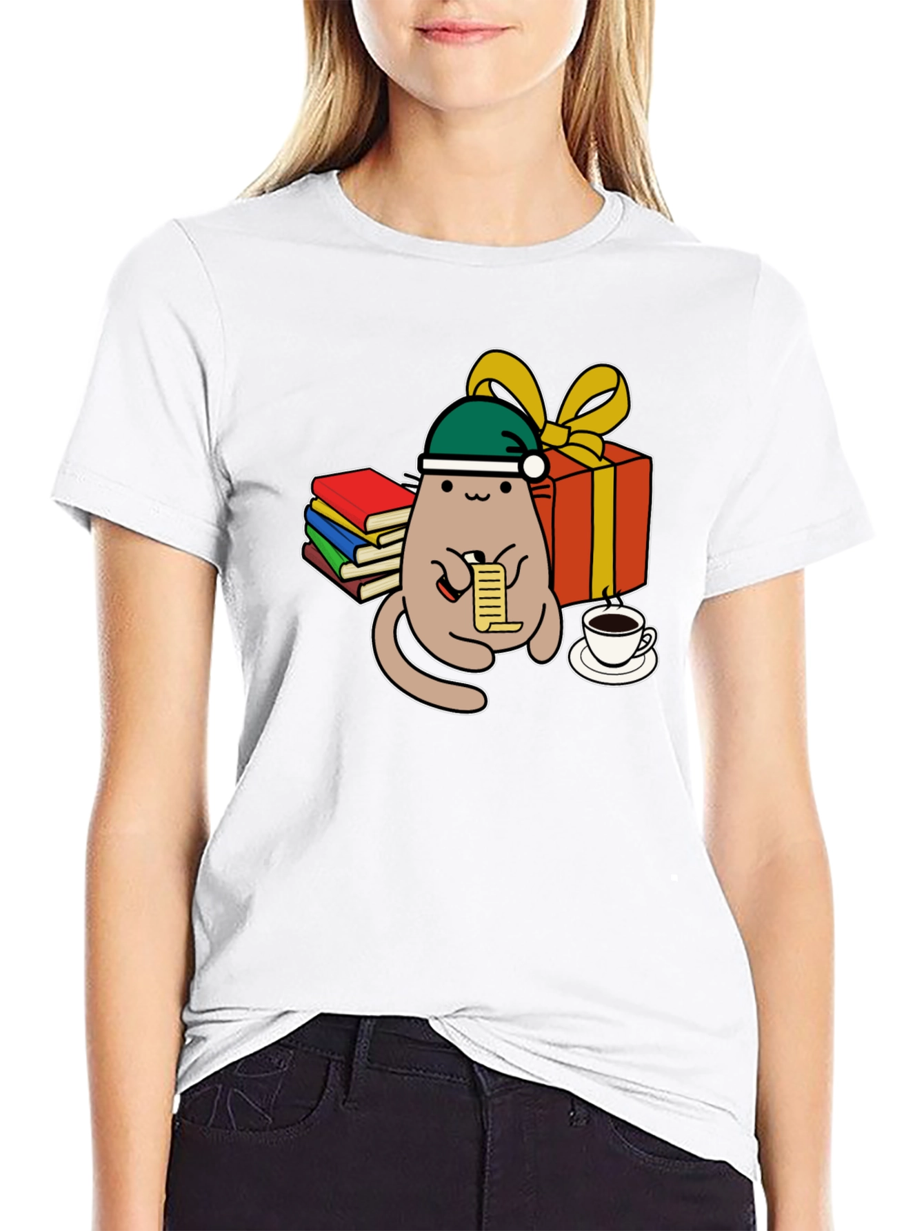 Black Festive Cat Reading Christmas List T-Shirt view 9