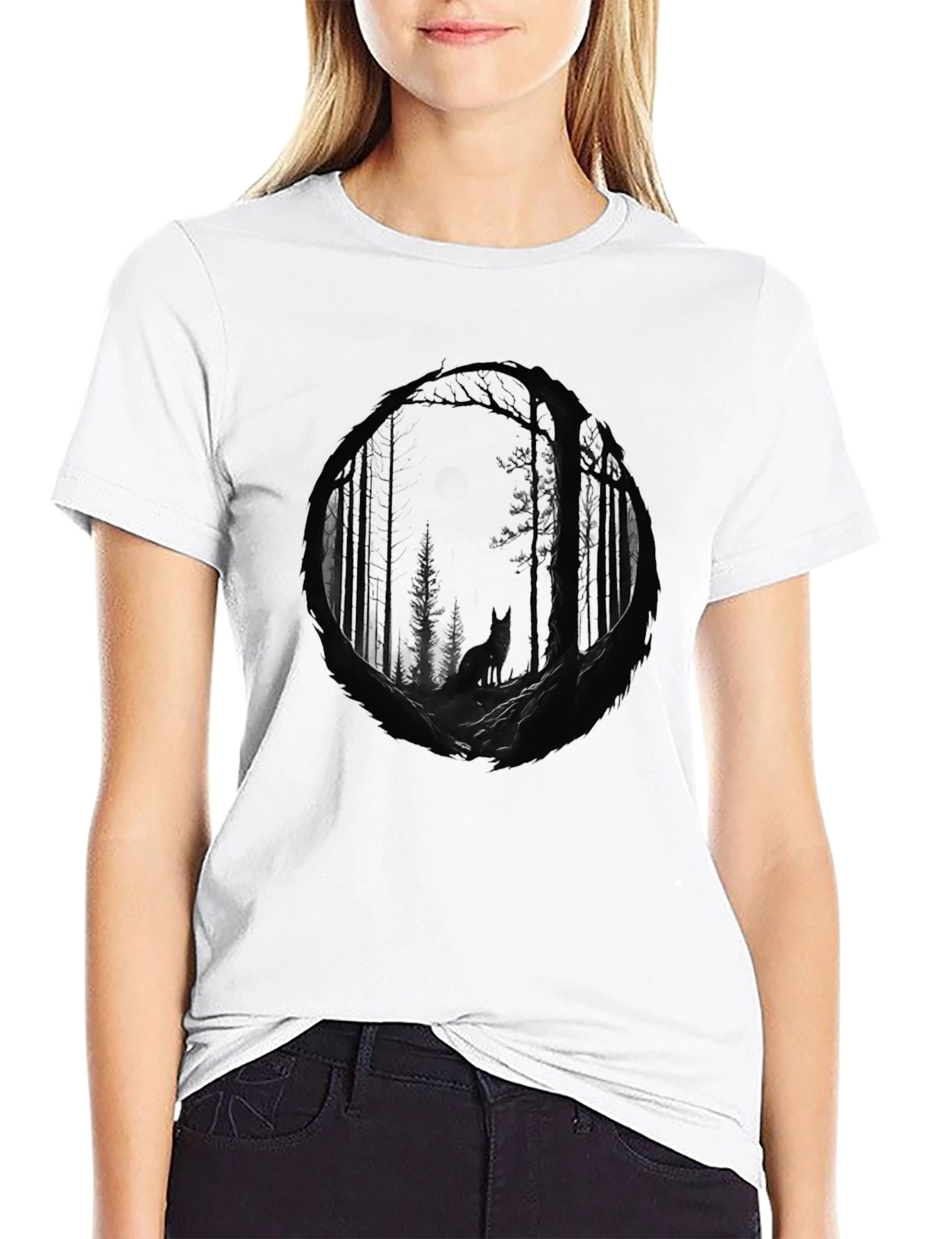 Black Mystic Forest Wolf Graphic Tee - Black Cotton Blend view 9