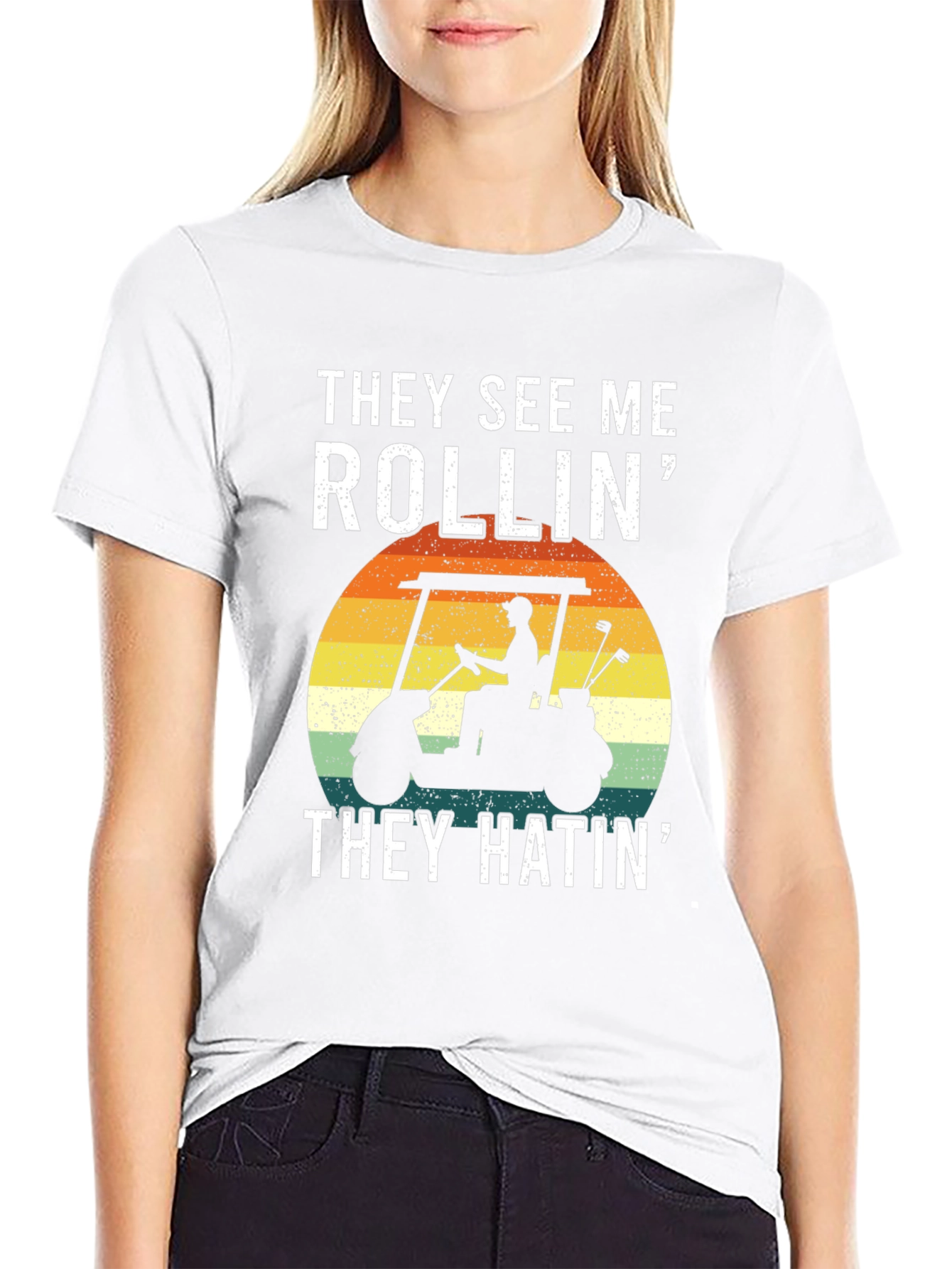 Black They See Me Rollin' T-Shirt: Golf Cart Design view 9