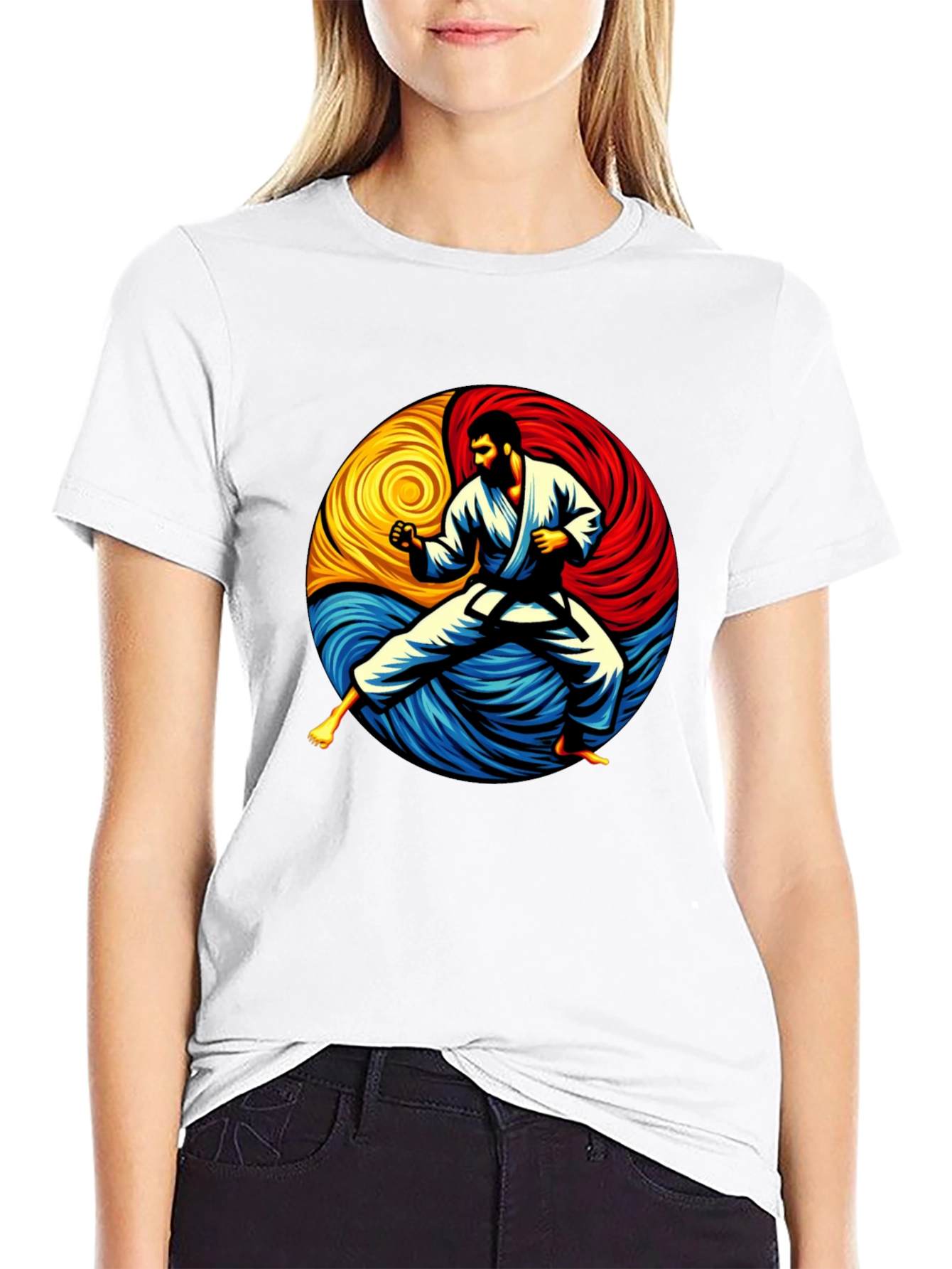 Black Karate Yin Yang Graphic Tee - Black Cotton Shirt view 9