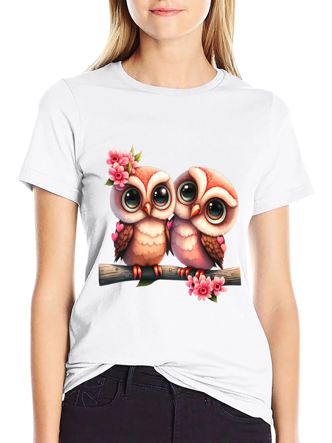 Black Owl Love Tee: Cute Cartoon Owls on Branch T-Shirt view 9
