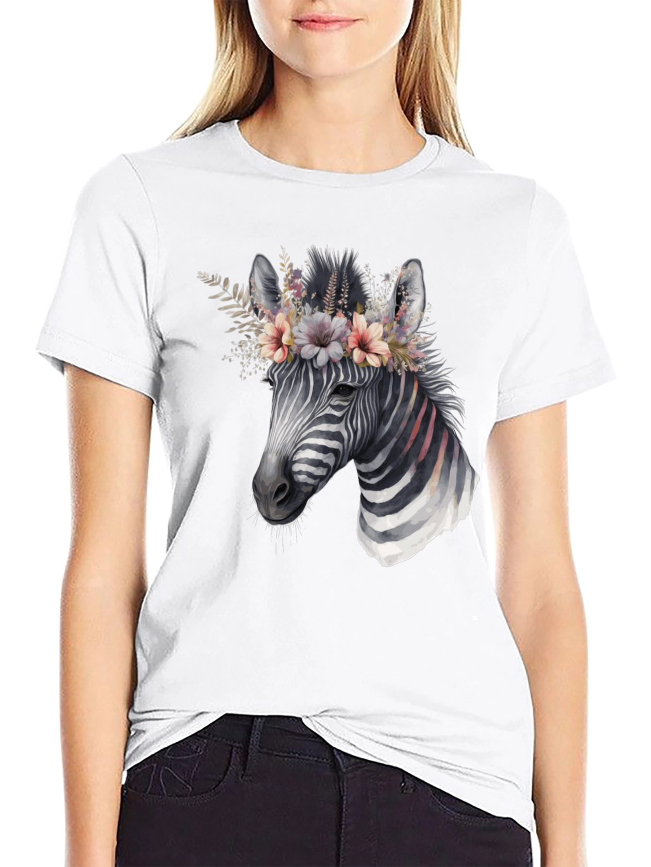Black Zebra Floral Crown Graphic Tee - Unisex Cotton T-Shirt view 9
