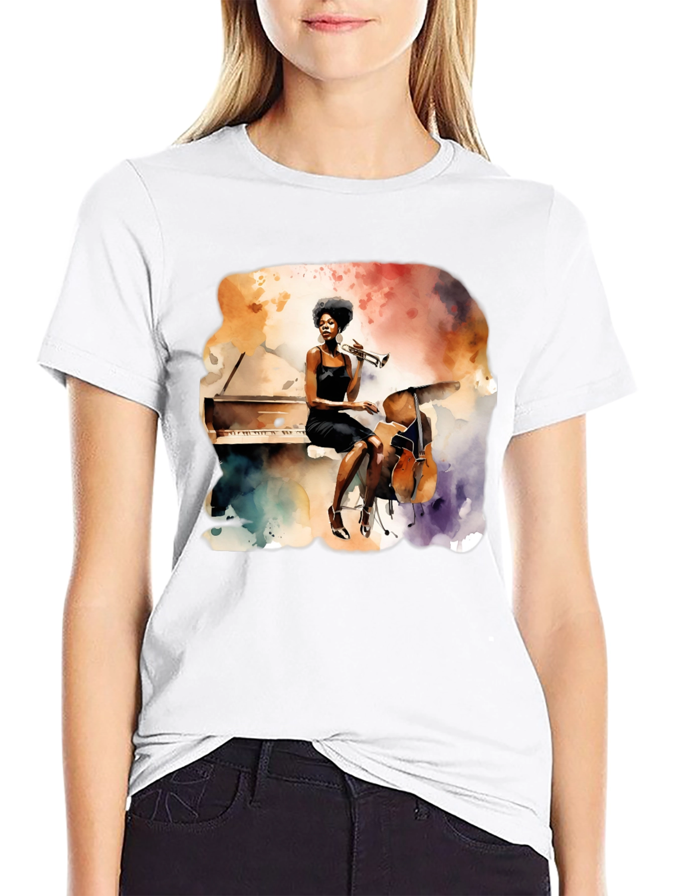 Black Watercolor Jazz Musician Unisex Tee view 9