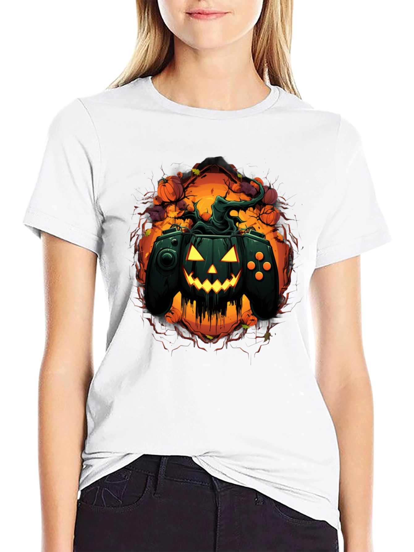 Black Halloween Gamer Pumpkin Black T-Shirt view 9