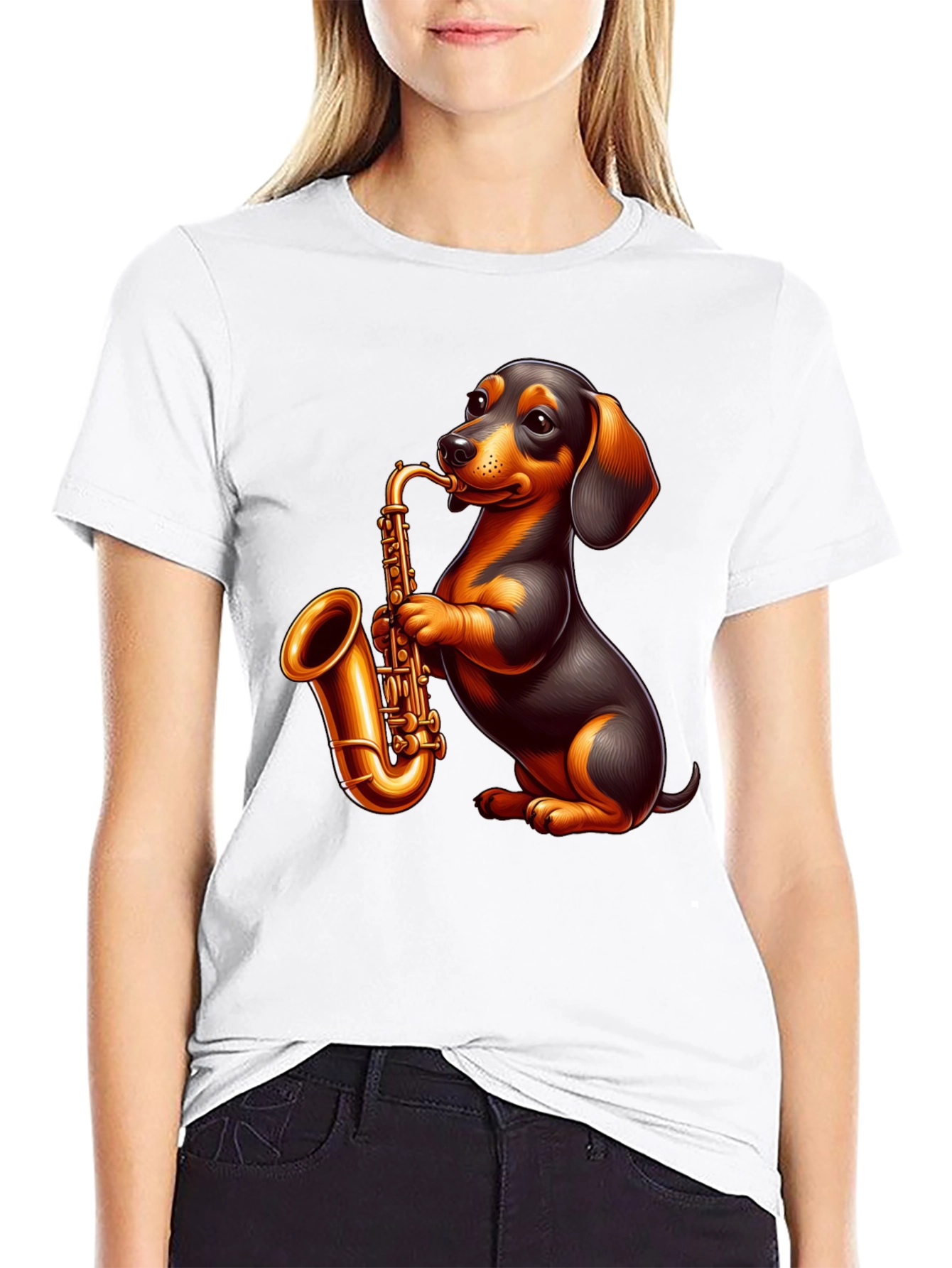 Black Dachshund Saxophone Graphic T-Shirt view 9