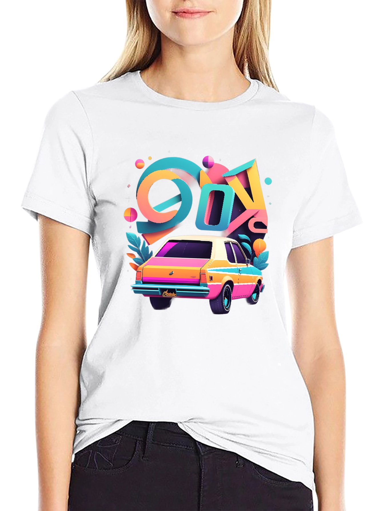 Black Retro 80s Car T-Shirt - Colorful Design view 9