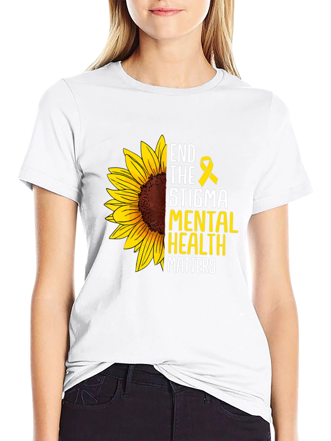 Black End the Stigma Mental Health Matters Sunflower T-Shirt view 9