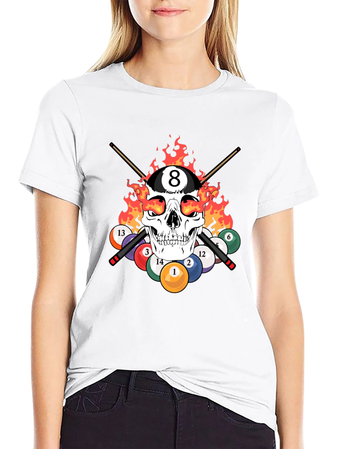 Black Skull 8 Ball Flames T-Shirt - Billiards Graphic Tee view 9