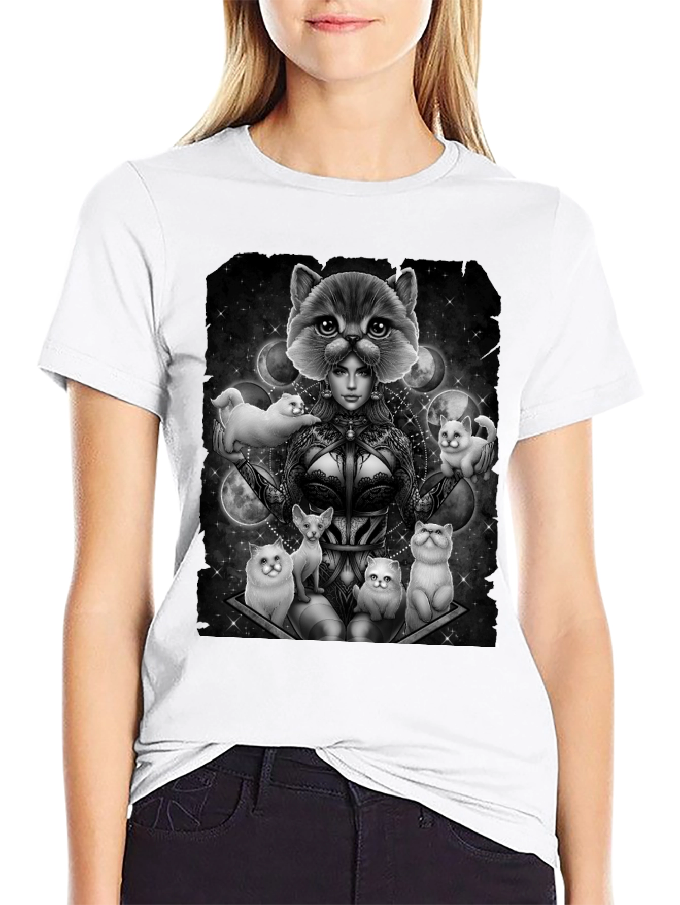 Black Mystic Cat Lady T-Shirt - Unique Graphic Tee view 9
