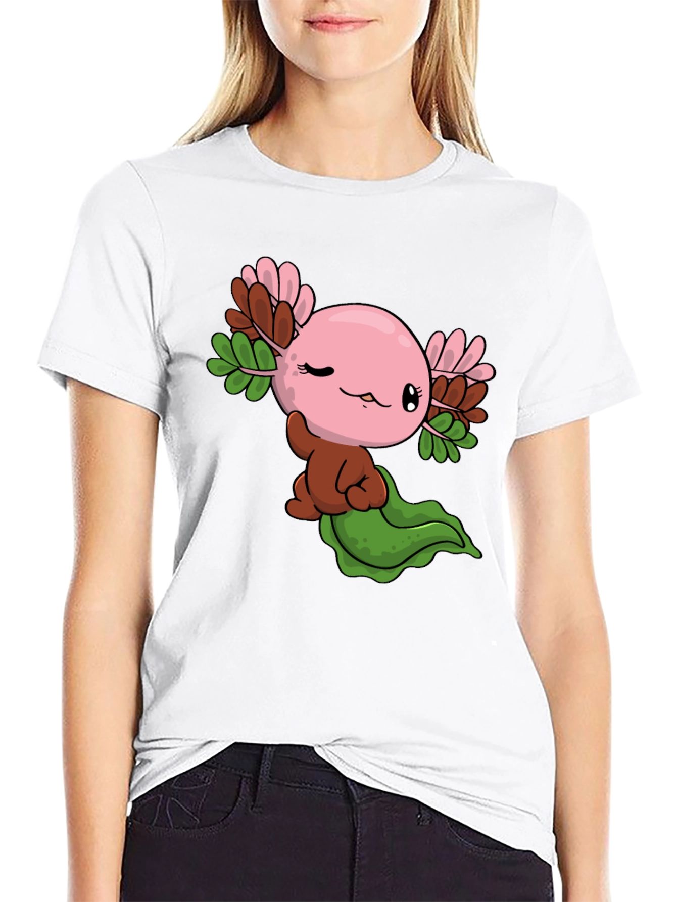 Black Cute Axolotl Cartoon Black T-Shirt view 9