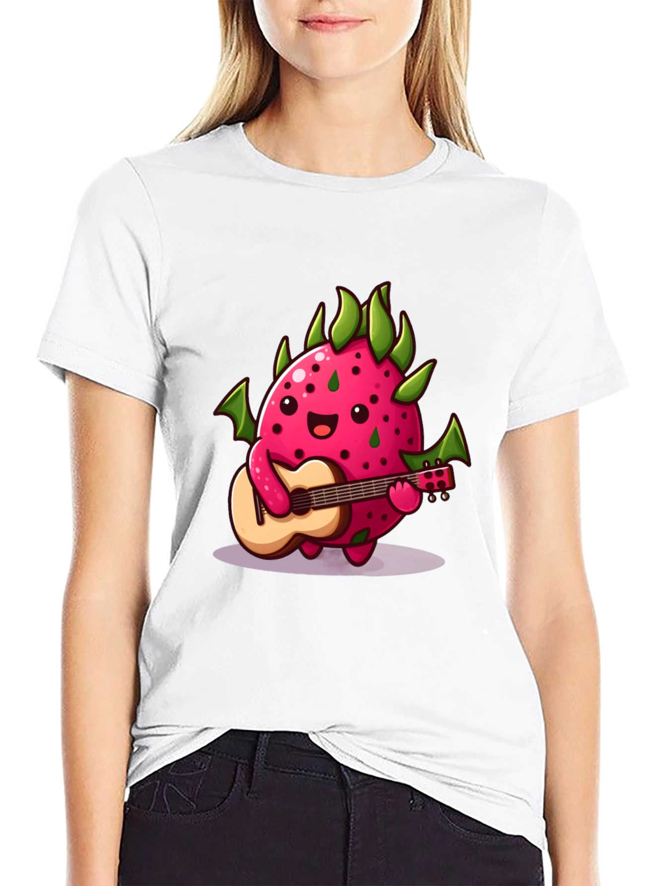 Black Cartoon Dragon Fruit Playing Guitar Black T-Shirt view 9