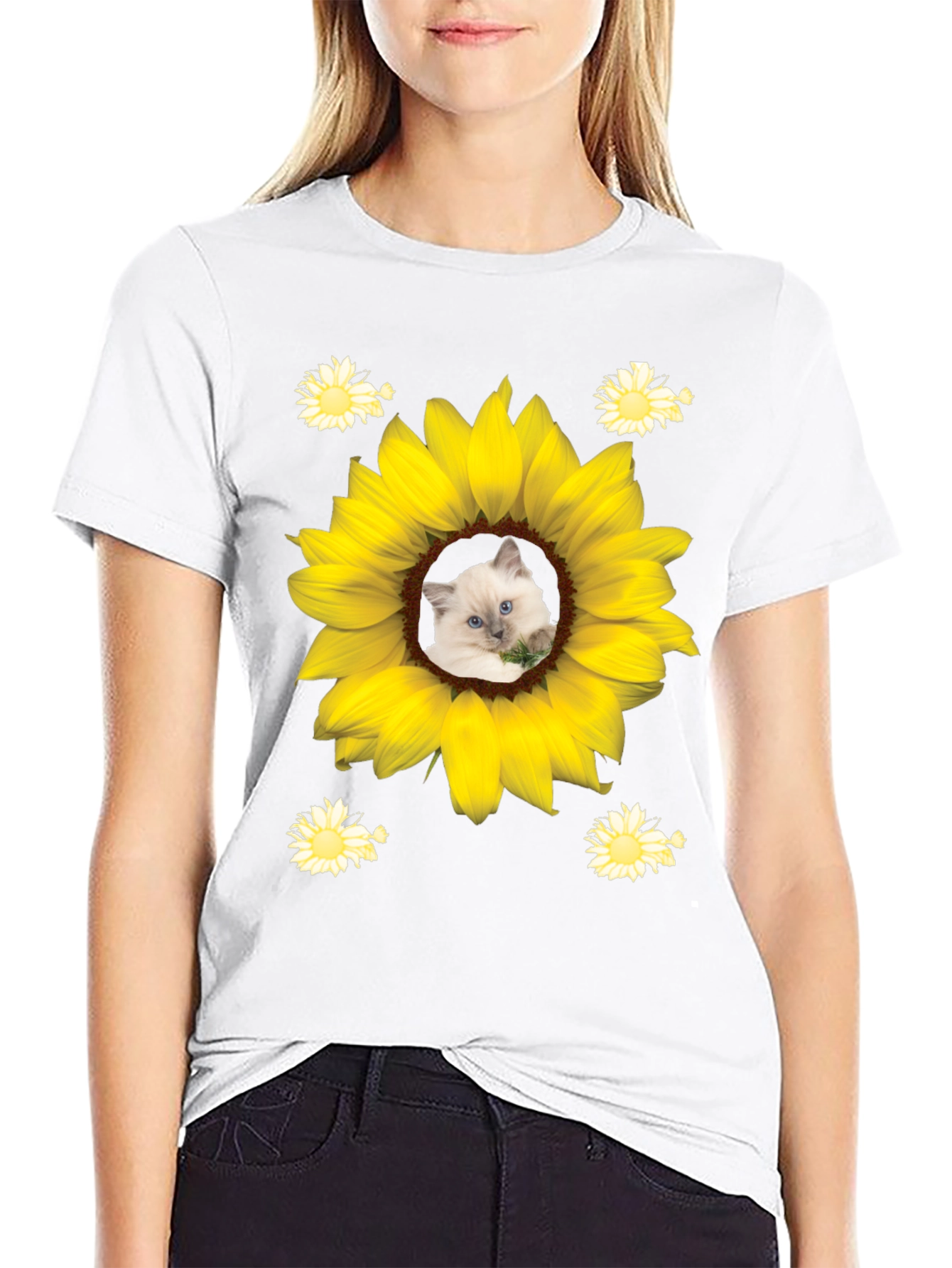 Black Sunflower Cat T-Shirt - Unique Graphic Tee view 9