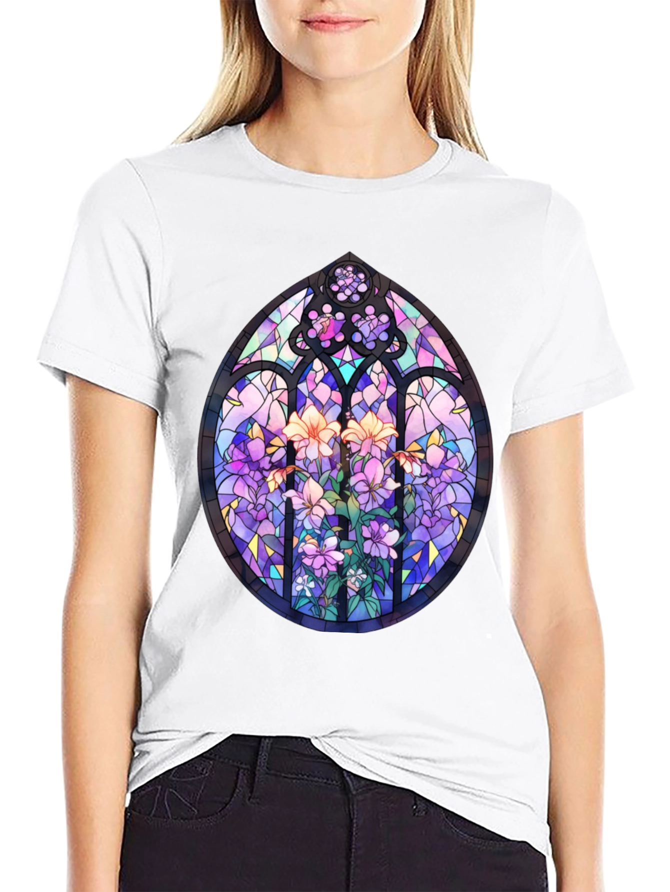 Black Stained Glass Floral T-Shirt - Artistic Men's Tee view 9