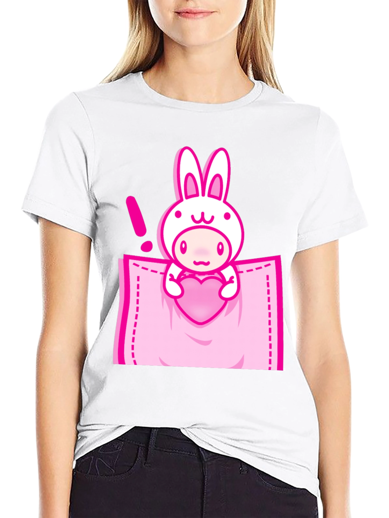 Black Cute Cartoon Rabbit Pocket T-Shirt view 9