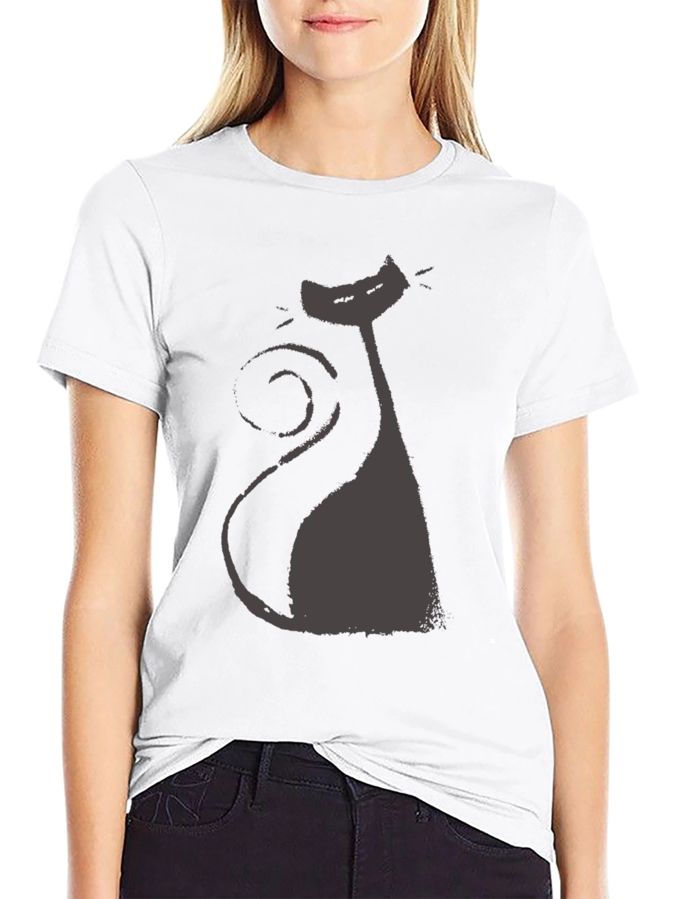 Black Retro Cat Silhouette Tee - Black Cotton Blend view 9