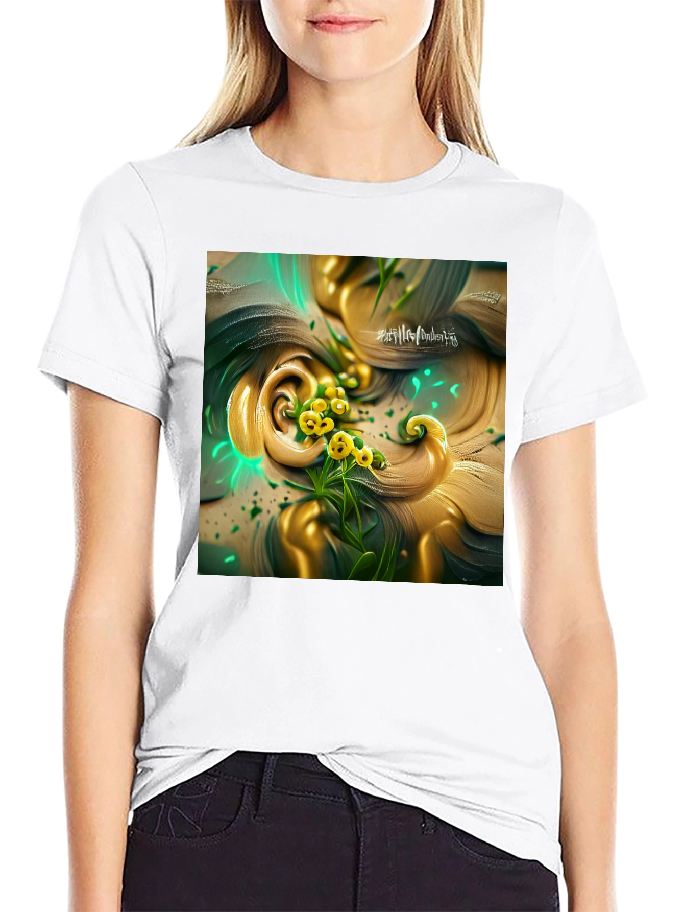 Black Black T-Shirt with Artistic Floral Design view 9