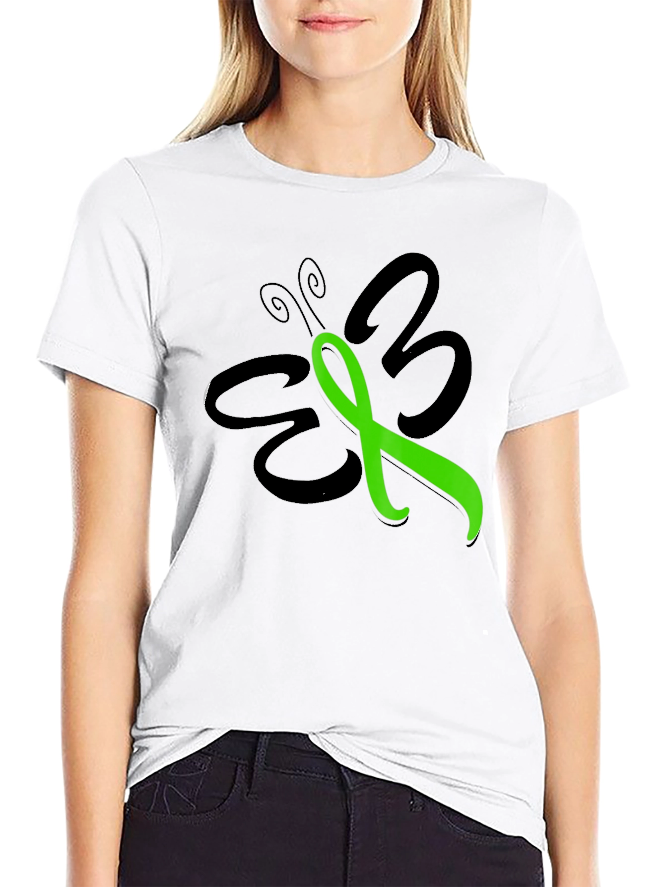 Black Green Ribbon Butterfly T-Shirt - Awareness Support view 9