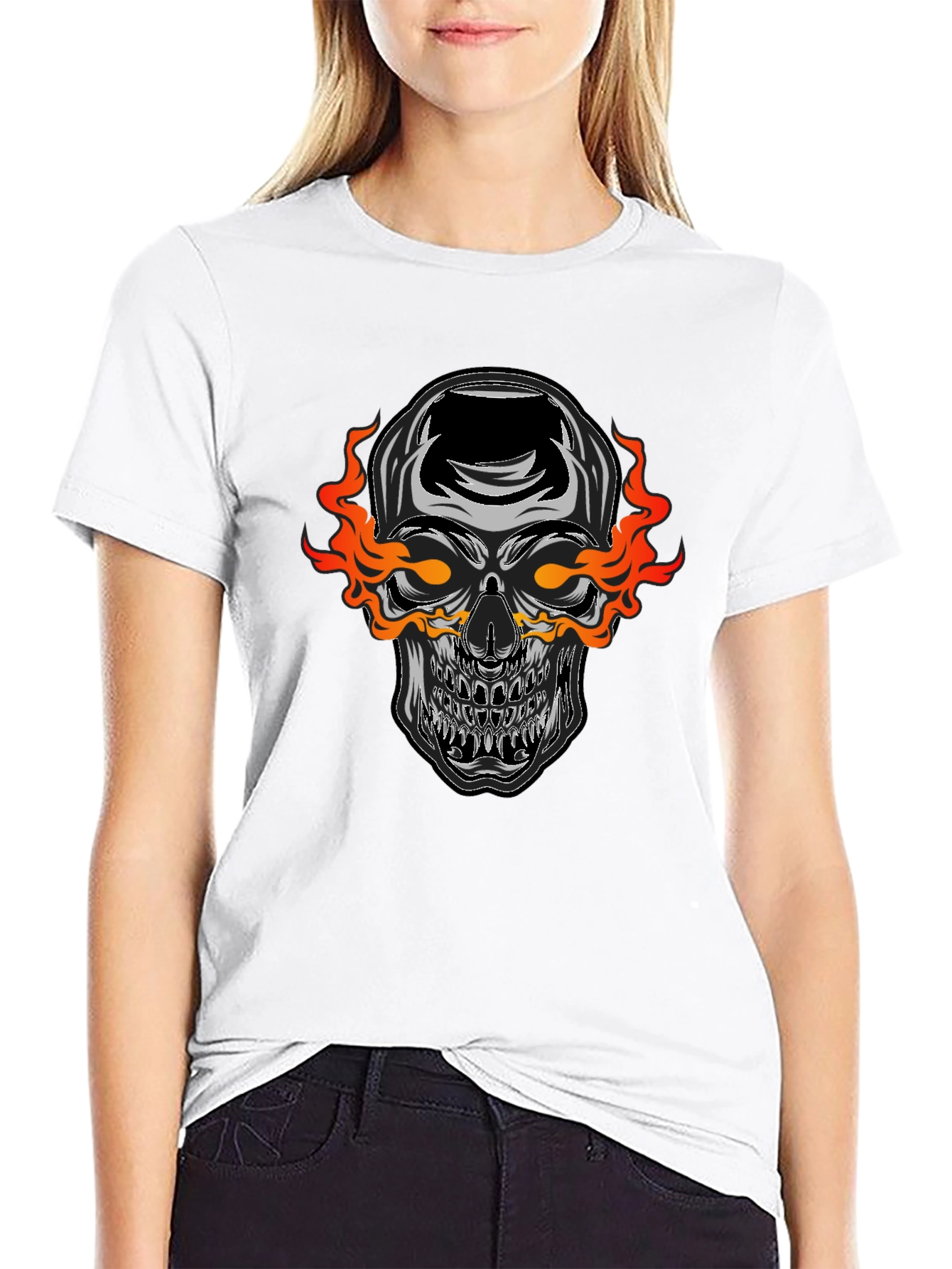 Black Flaming Skull Graphic Black T-Shirt view 9