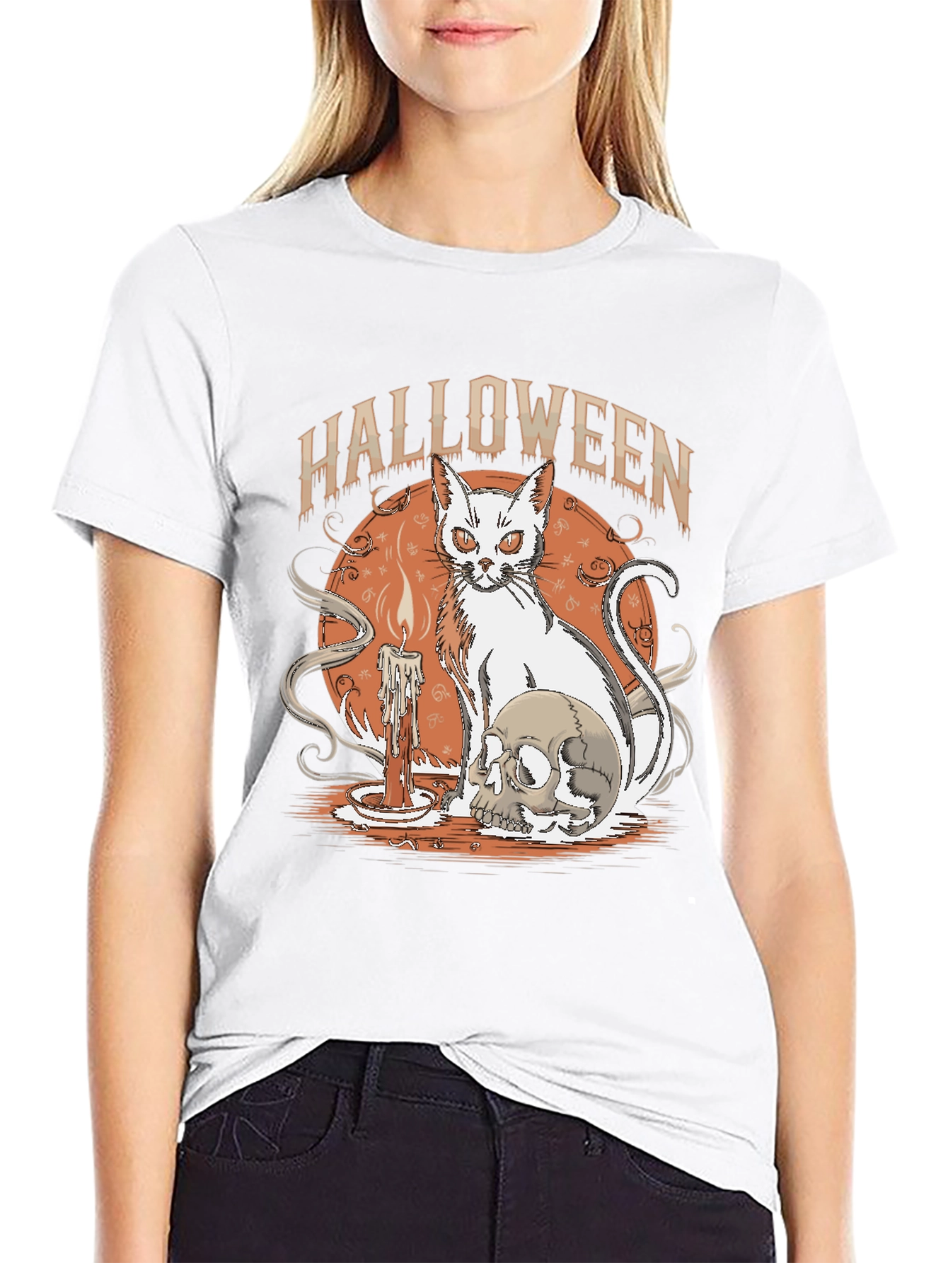 Black Halloween Cat & Skull Graphic Tee view 9