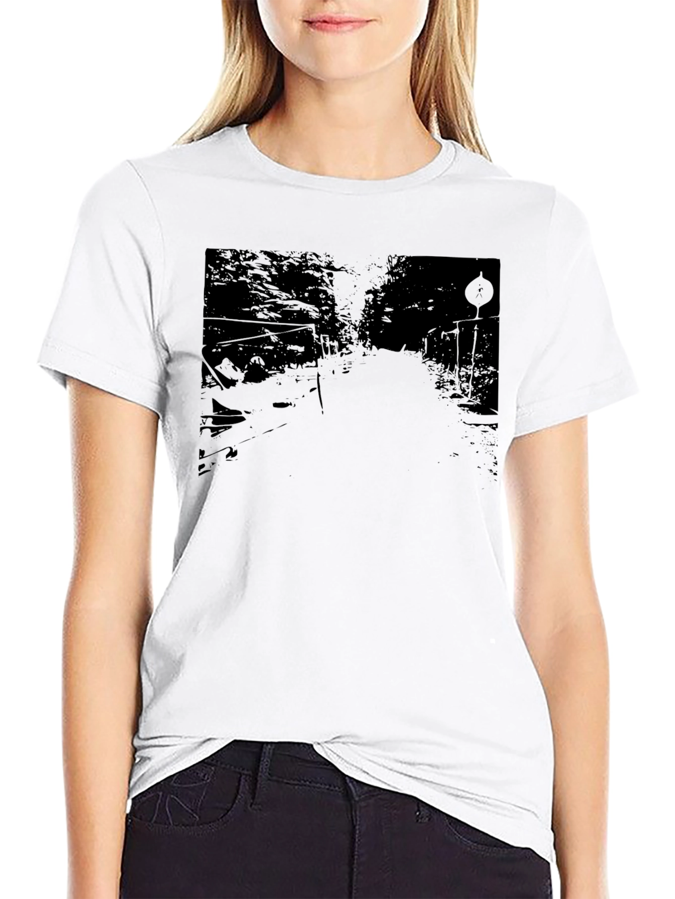 Black Men's Black Graphic Tee - Road Scene Design view 9