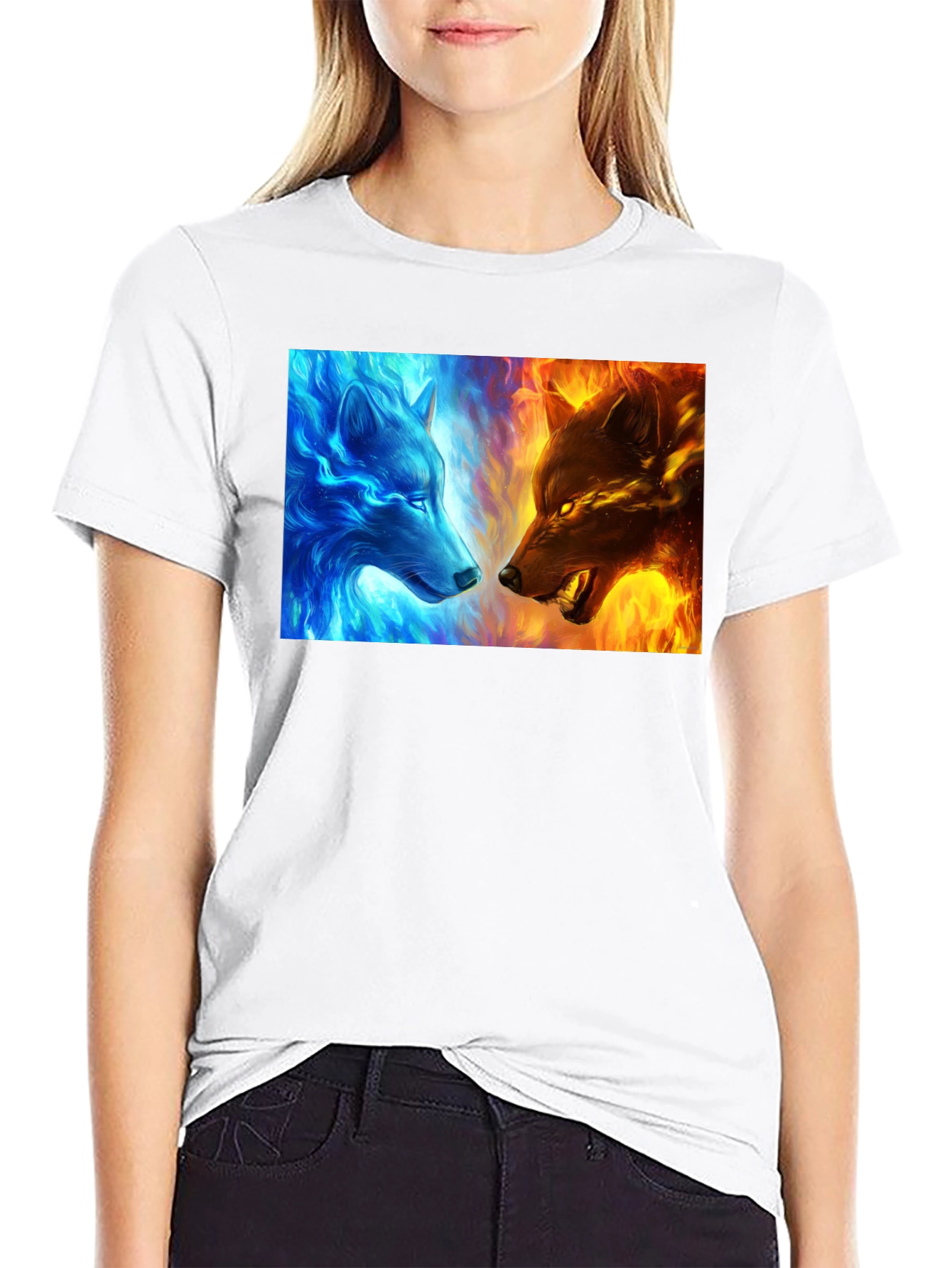 Black Fire and Ice Wolf Graphic Tee - Cool Men's T-Shirt view 9