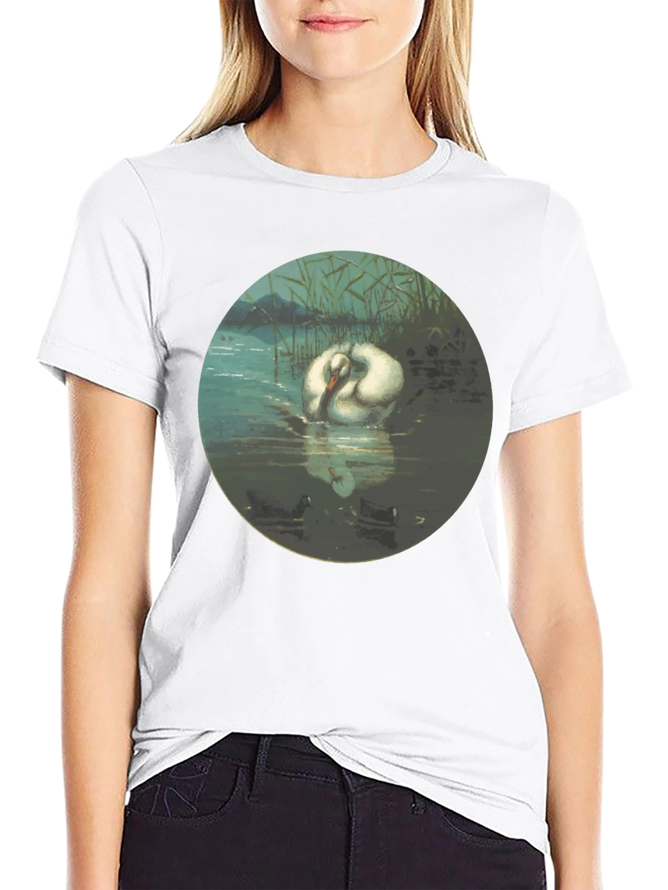 Black Swan Art T-Shirt - Elegant Aquatic Bird Design view 9