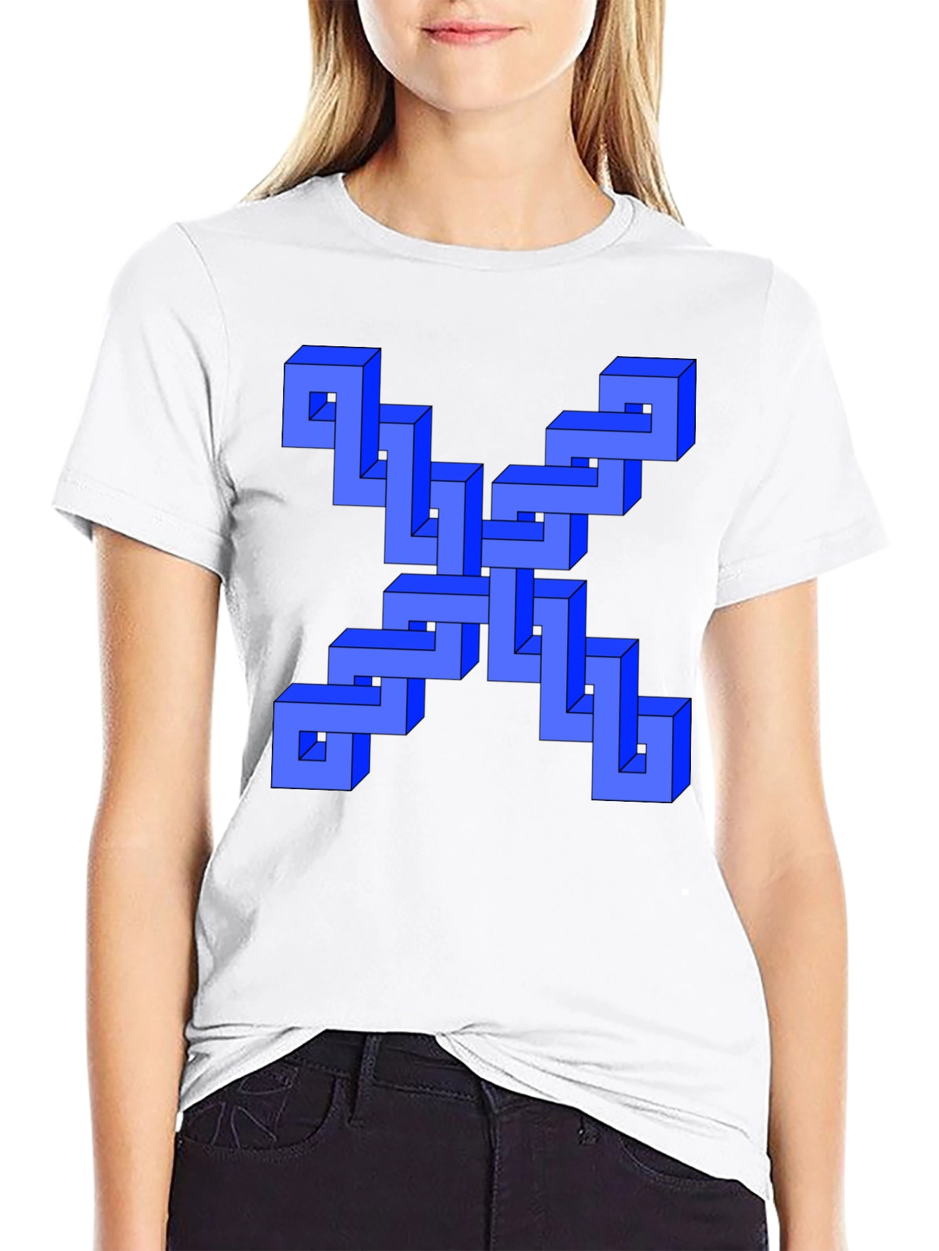 Black Optical Illusion Blue Cube Design Black T-Shirt view 9