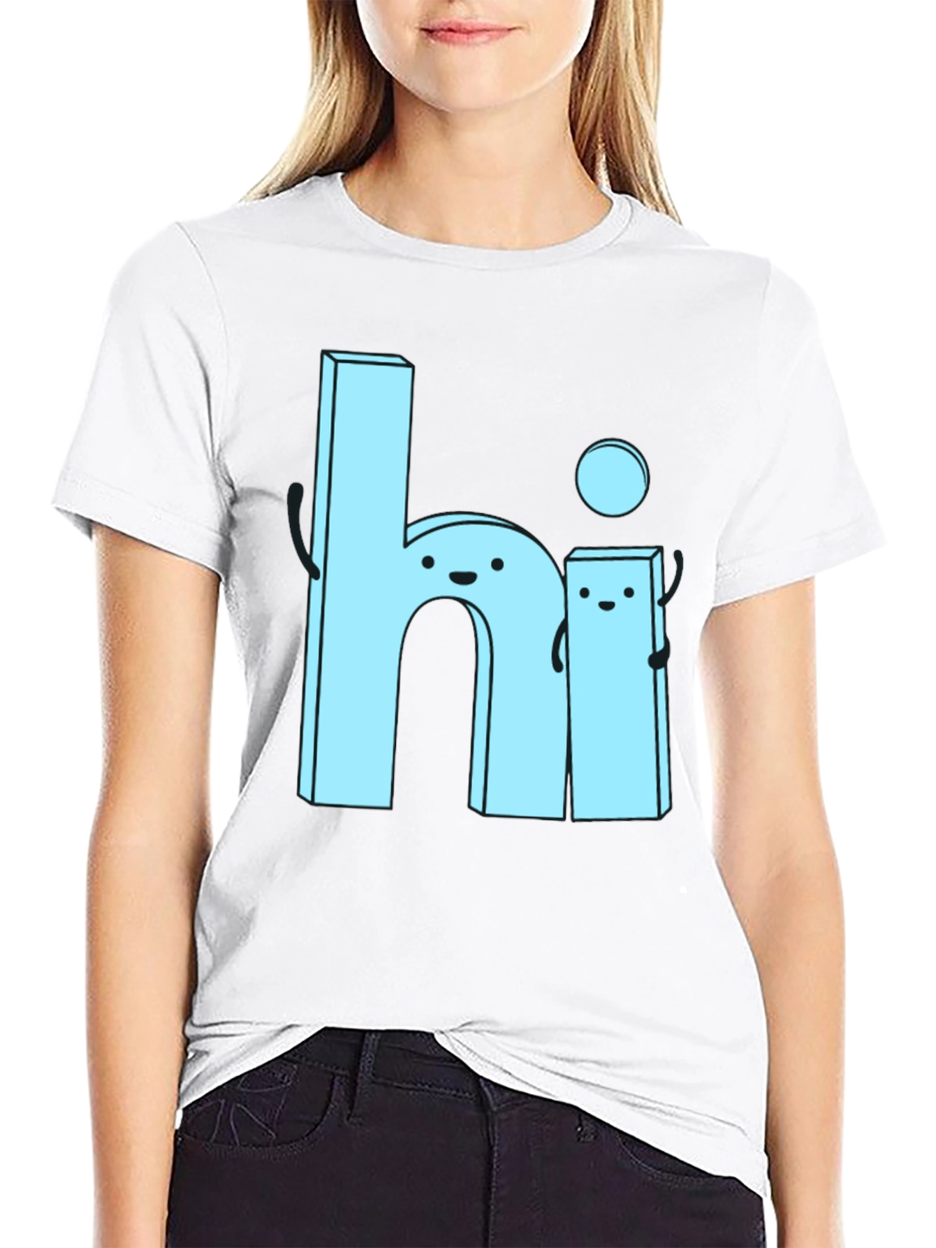 Black Cute Cartoon "Hi" Graphic Tee - Soft Black Cotton view 9