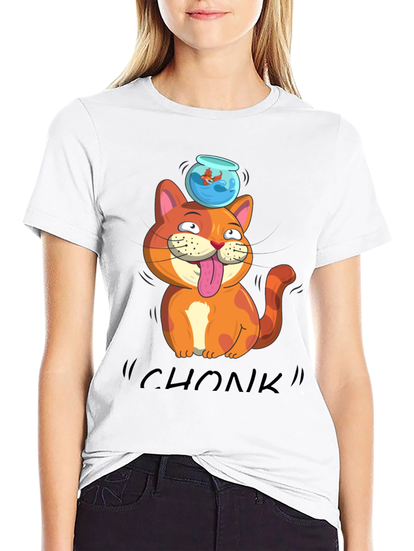 Black Chonk Cat Goldfish T-Shirt view 9