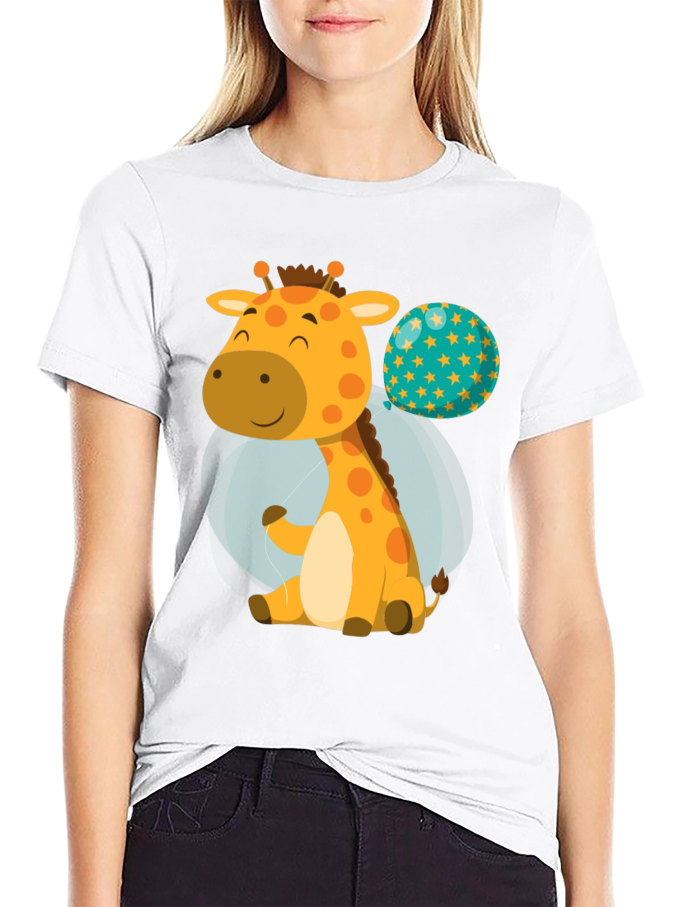 Black Cute Giraffe & Balloon Graphic T-Shirt view 9