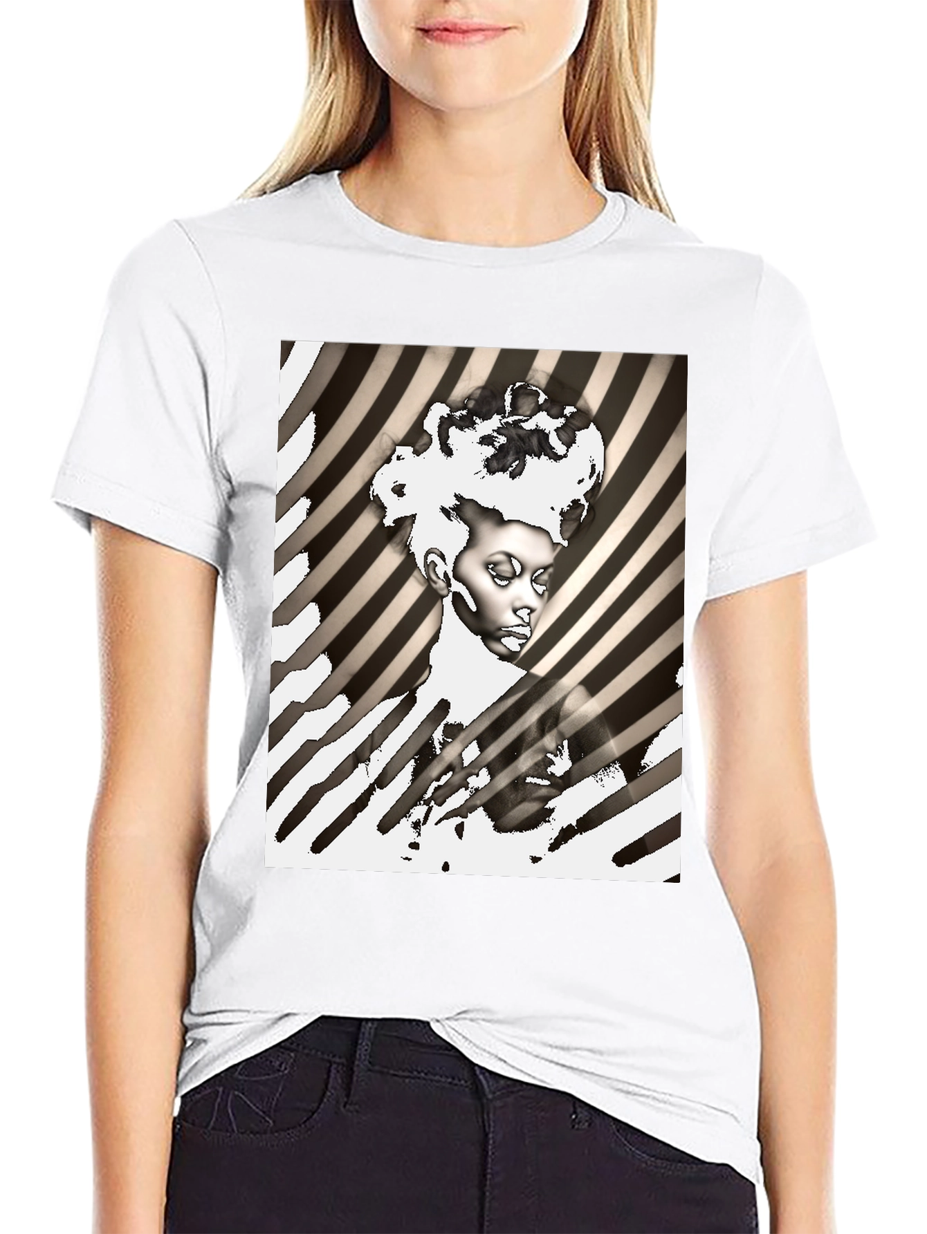 Black Striking Graphic Print Tee - Monochrome Art view 9