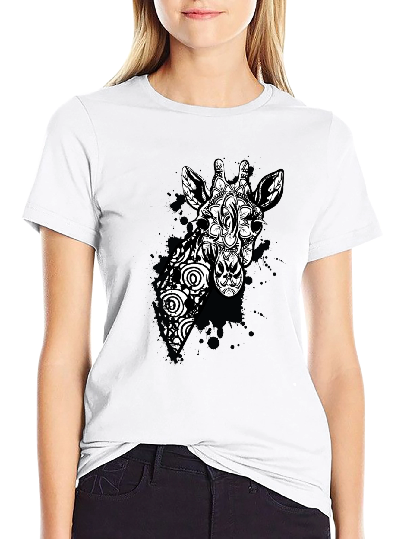 Black Giraffe Mandala Graphic Tee - Black Cotton T-Shirt view 9