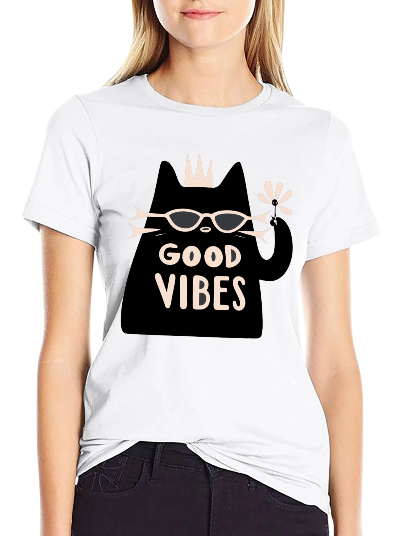 Black Good Vibes Cat Graphic T-Shirt - Black view 9
