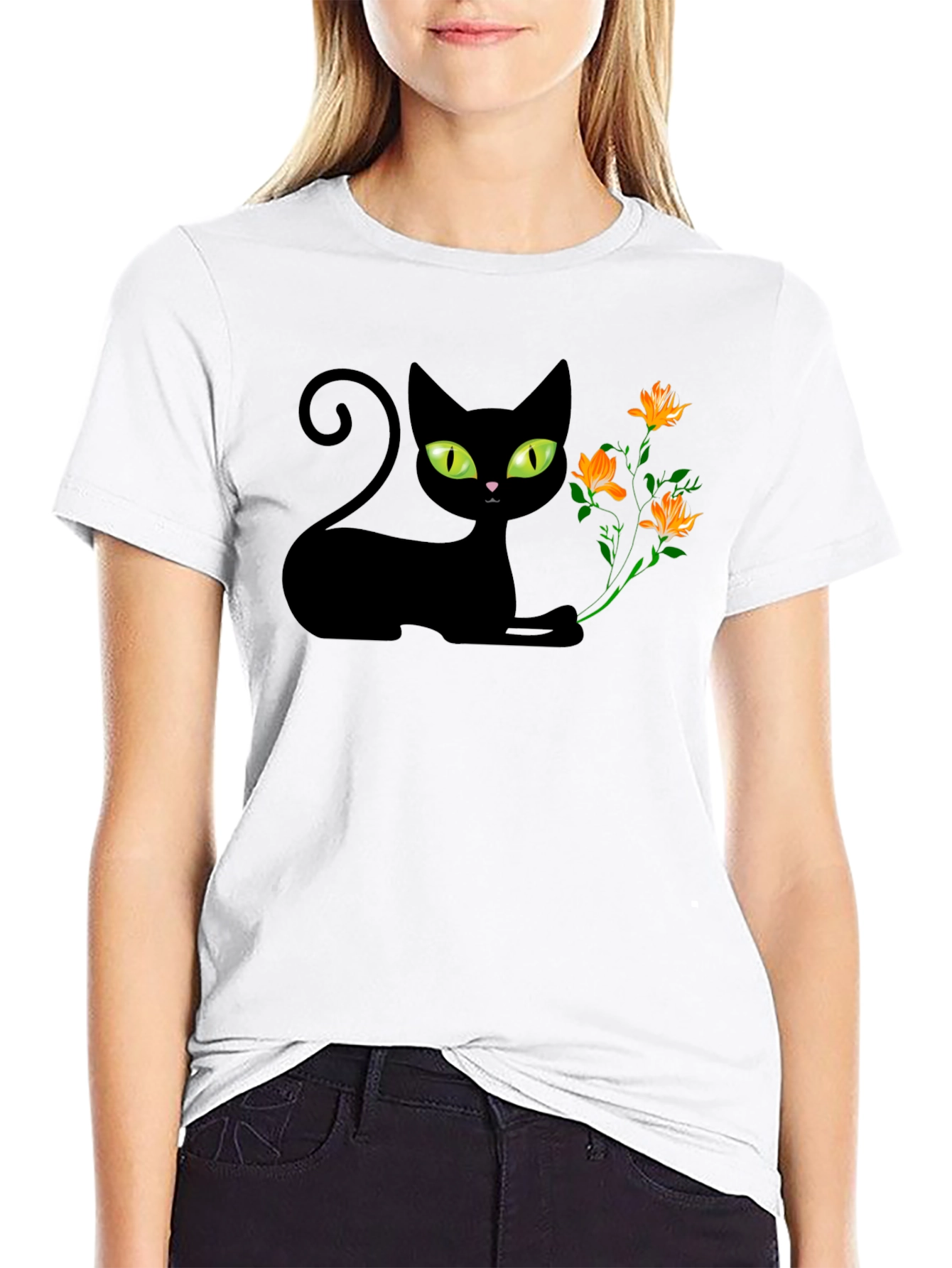 Black Black Cat & Flowers Graphic Tee - Soft Cotton Comfort view 9