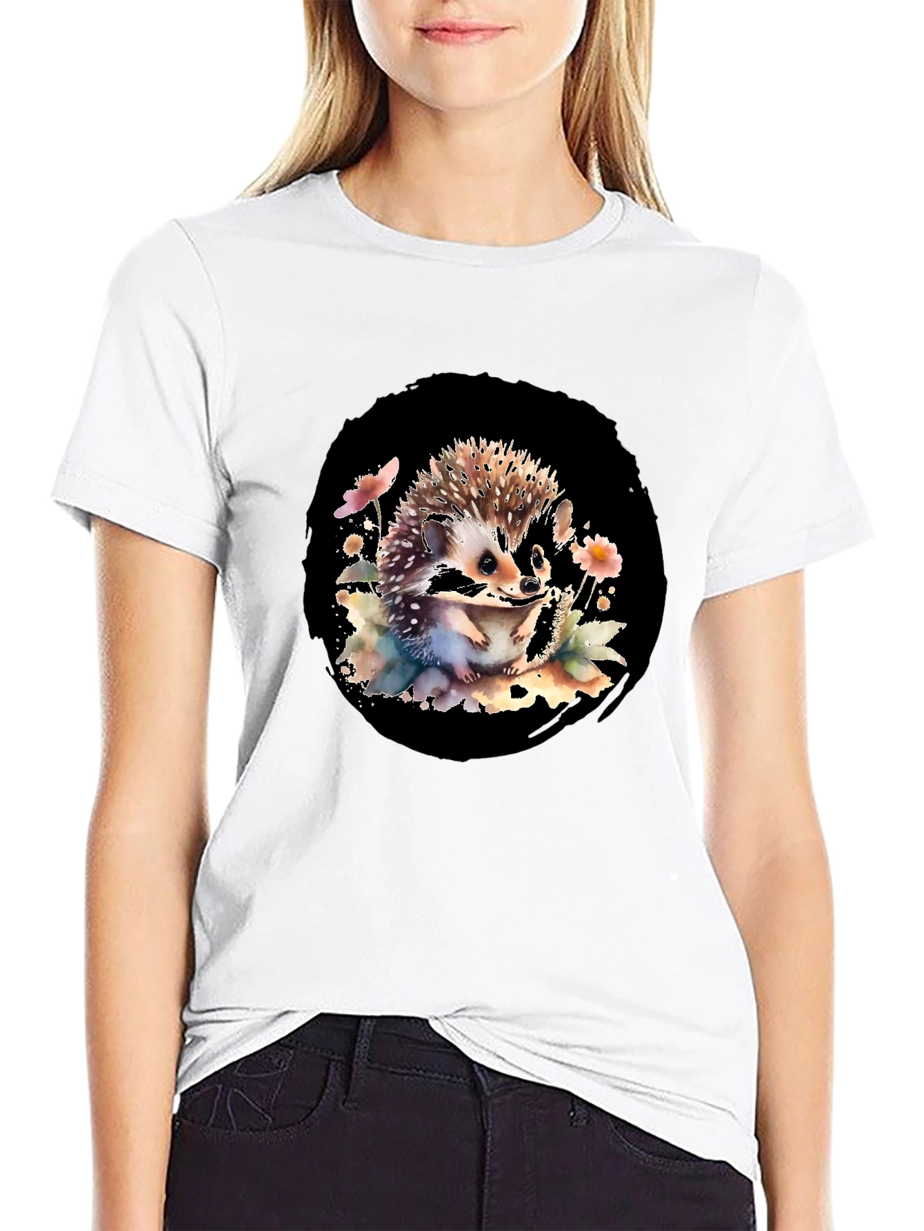 Black Hedgehog Watercolor Graphic Black T-Shirt view 9
