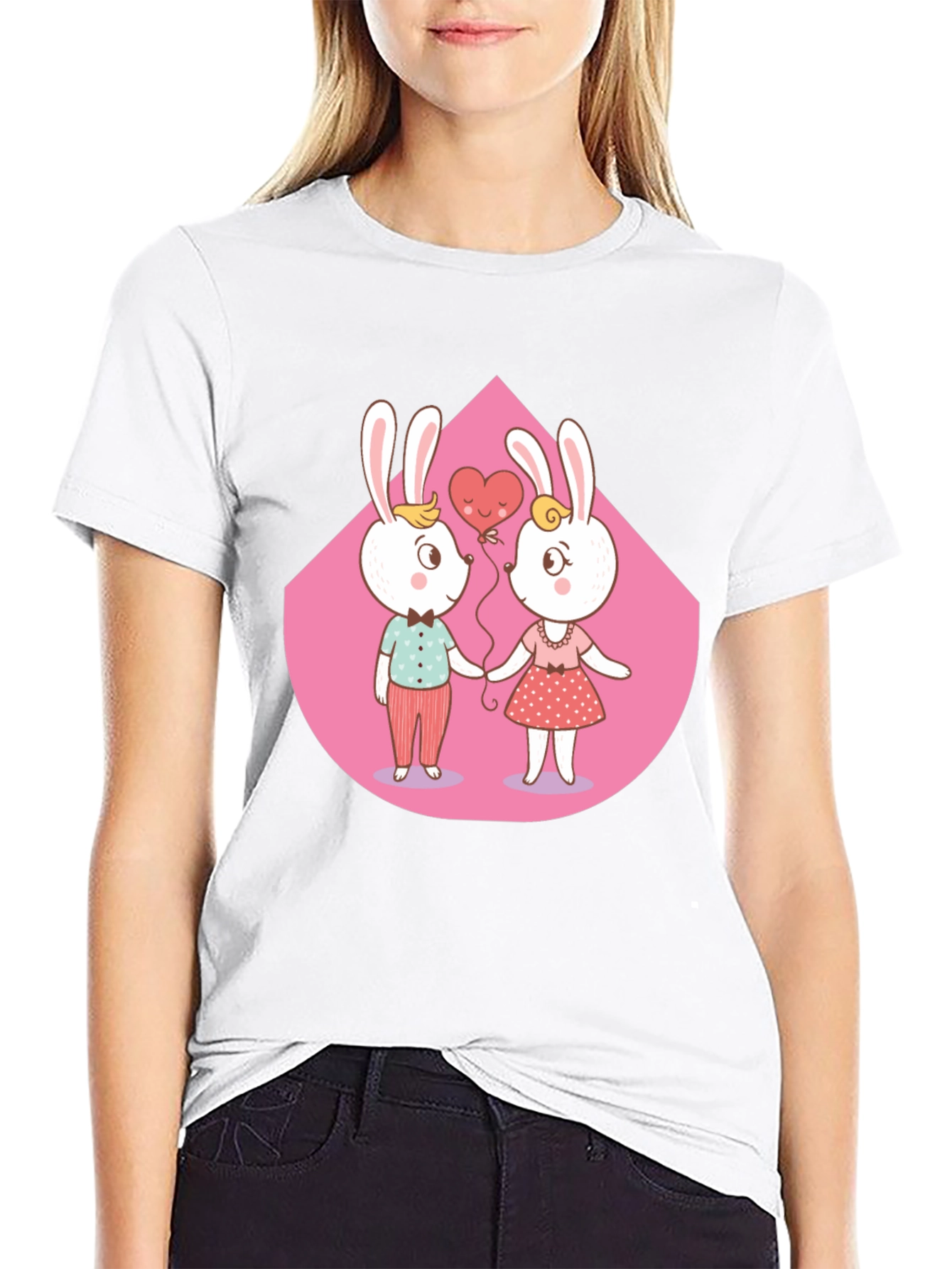 Black Cute Cartoon Bunny Couple T-Shirt view 9