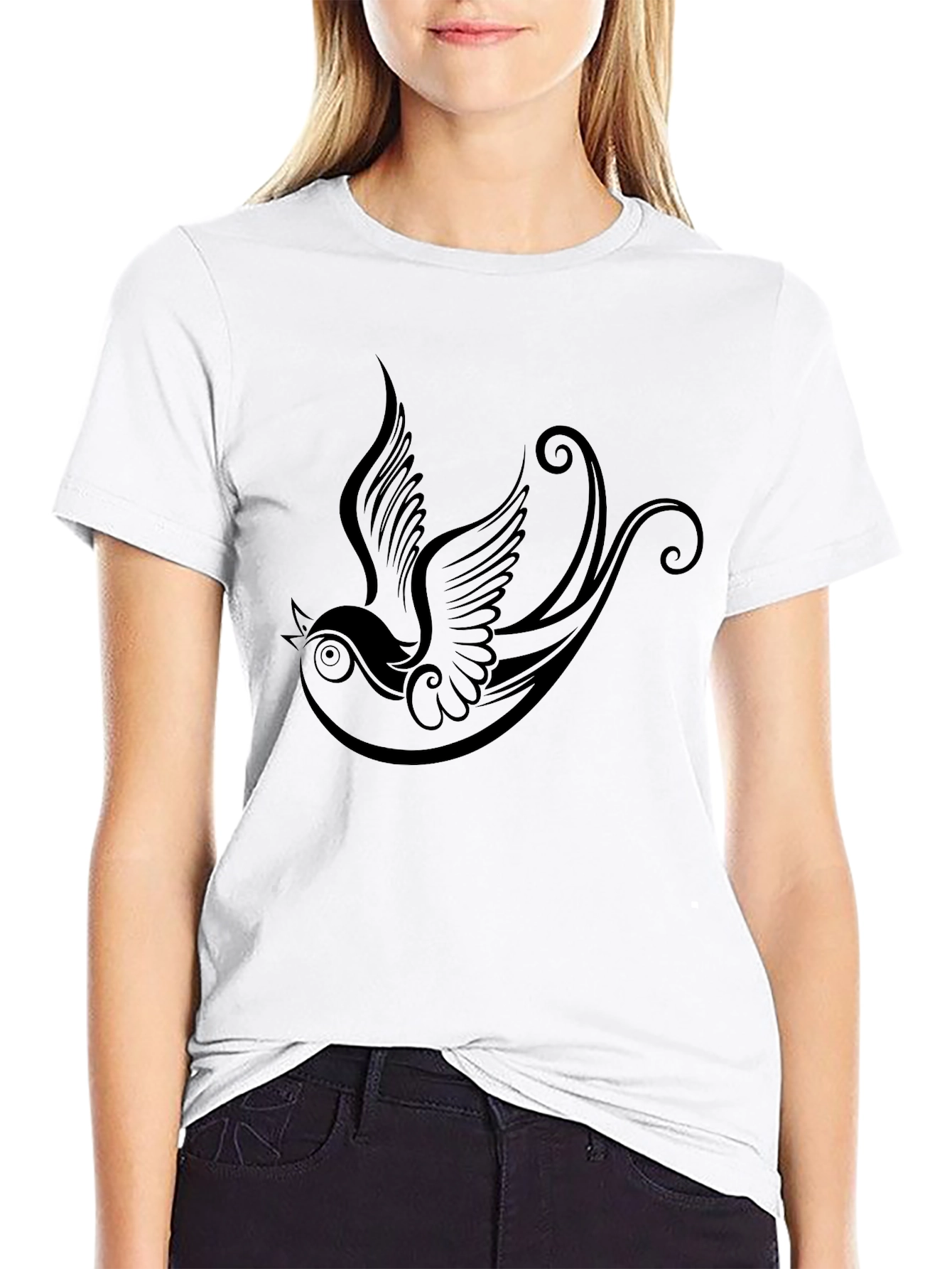 Black Black T-Shirt with Bird Tattoo Design view 9