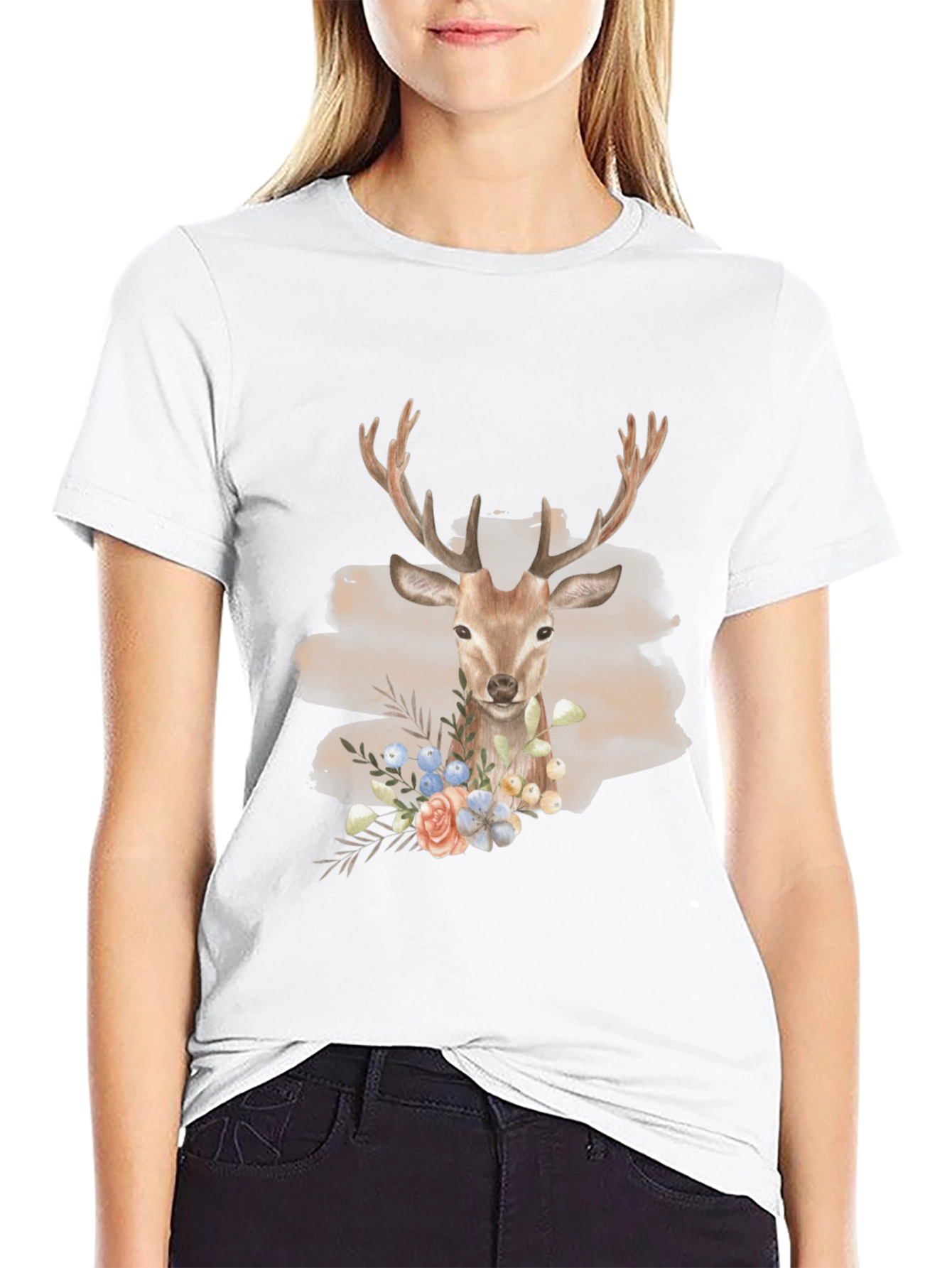 Black Deer Floral Graphic Print Tee - Men's Black T-Shirt view 9