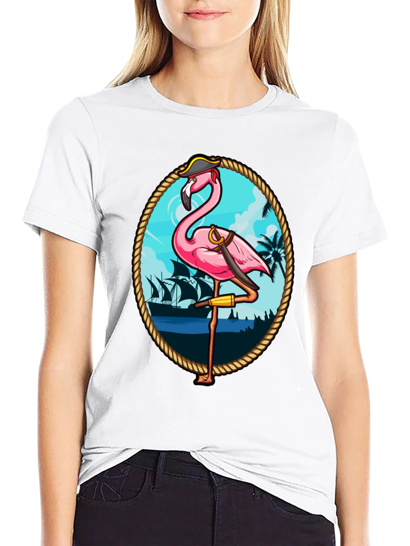 Black Pirate Flamingo Graphic T-Shirt - Tropical Humor Tee view 9