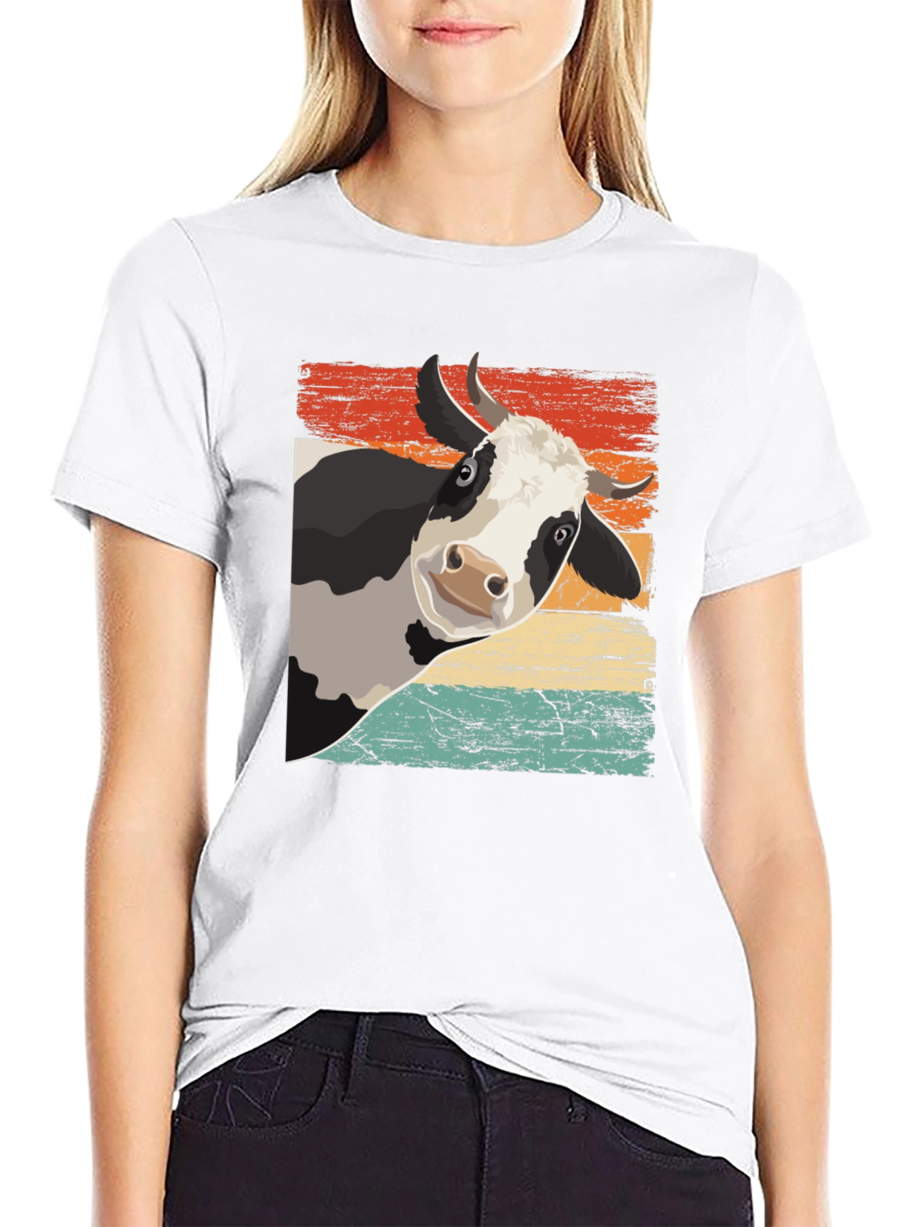 Black Retro Cow Graphic Tee - Black Cotton Blend view 9